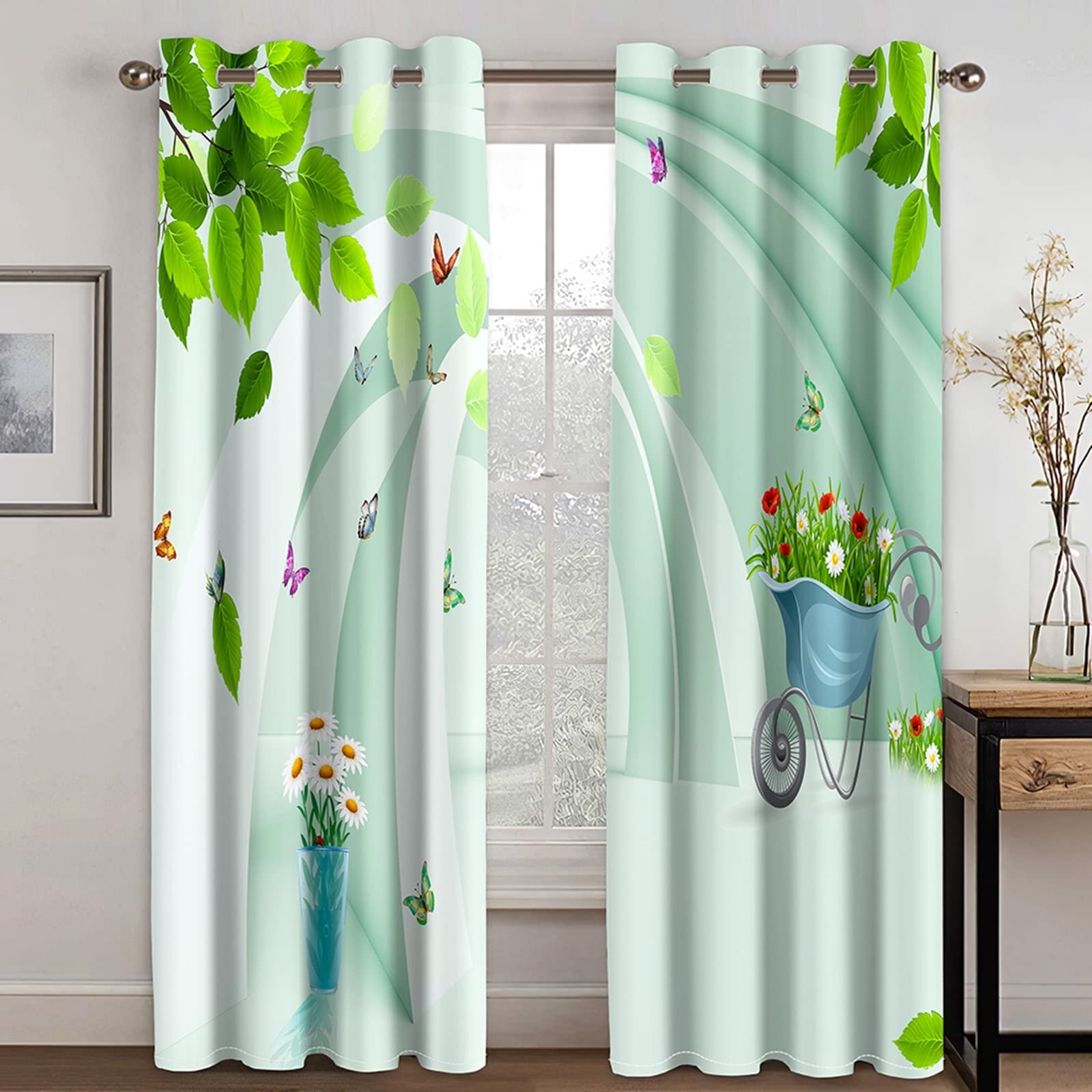 AMDXD Cortina infantil blanca verde azul, cortina de salón moderna, lote de 2 cestas de flores de hoja de poliéster, 264 x 115 cm