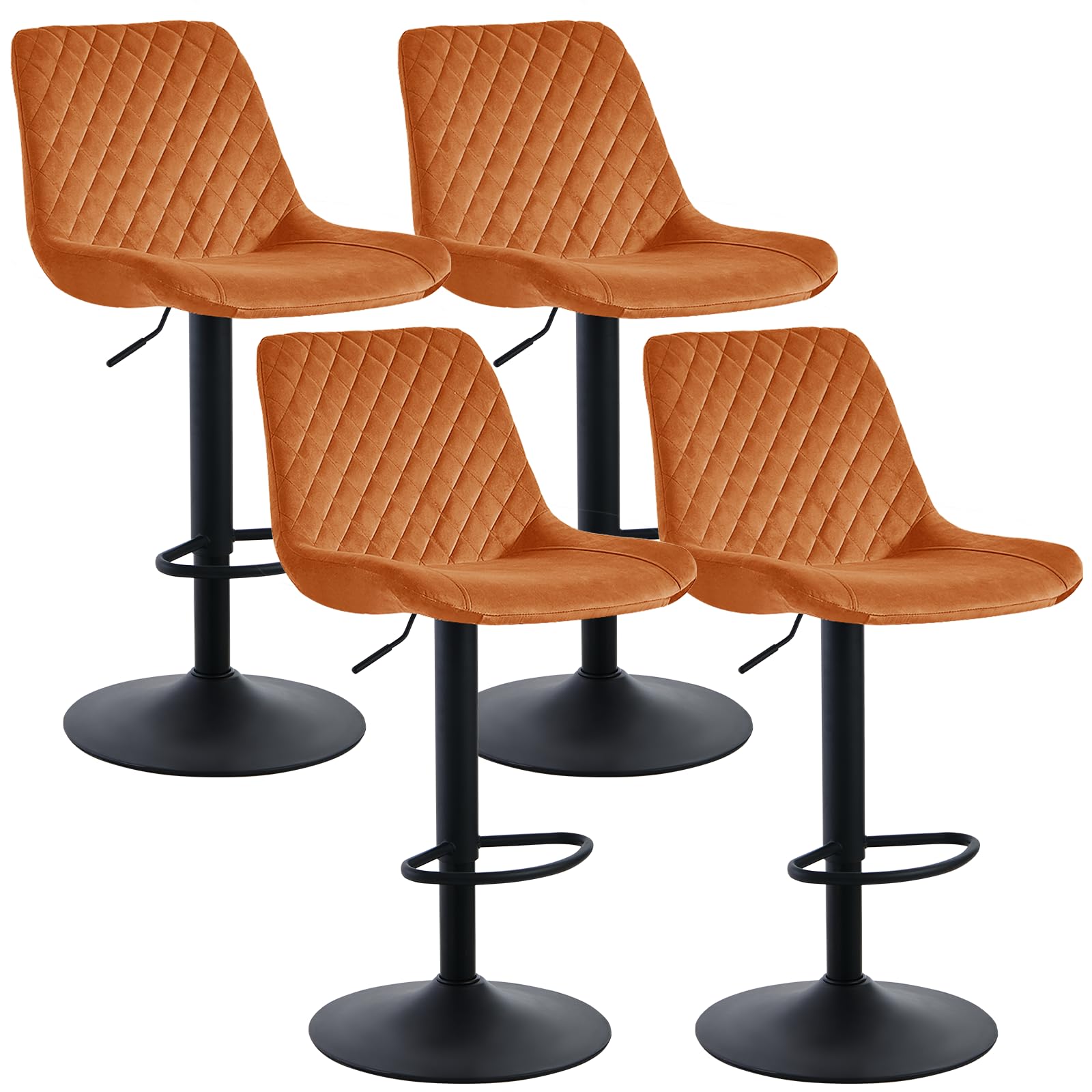 JaHECOME Velvet Orange Bar Stools Set of 4- Modern Swivel Height Adjustable Barstools with Black Metal, Armless Large Padded Cushion Breakfast Counter Chairs for Kitchen Island, Pub, Restaurant, Café