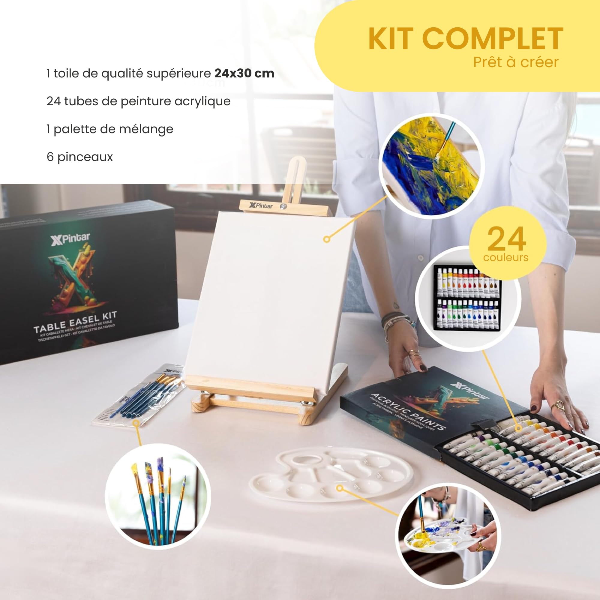 Kit Pintura Acrílica con Caballete de Mesa Madera Altura Ajustable 24 Colores 12 ml Lienzo 24x30 cm Paleta 6 Pinceles Set Artista para Principiantes y Adultos Montaje Rápido Regalo Creativo Clases DIY