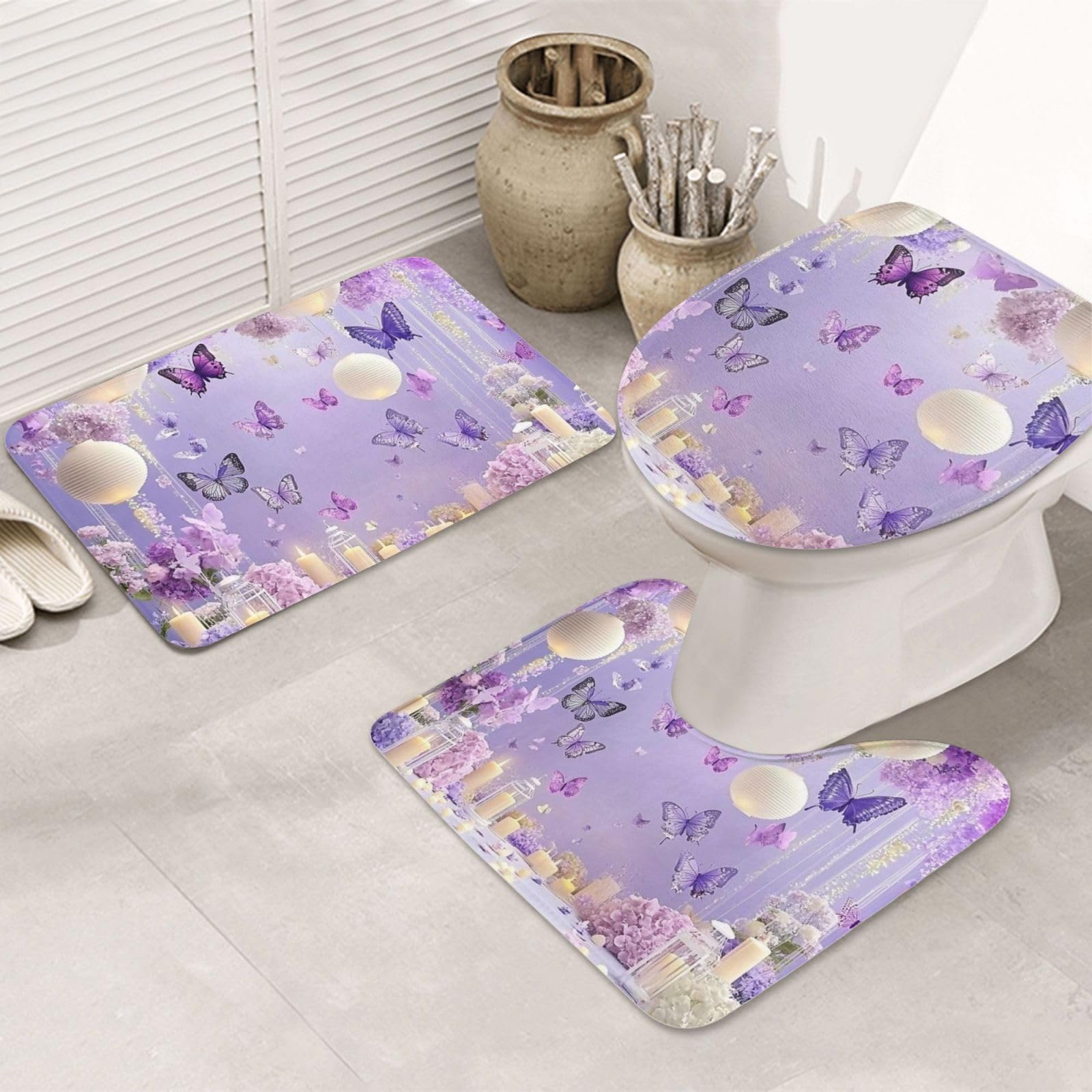 Alfombrilla de contorno y funda de inodoro de mariposas lavable y antideslizante