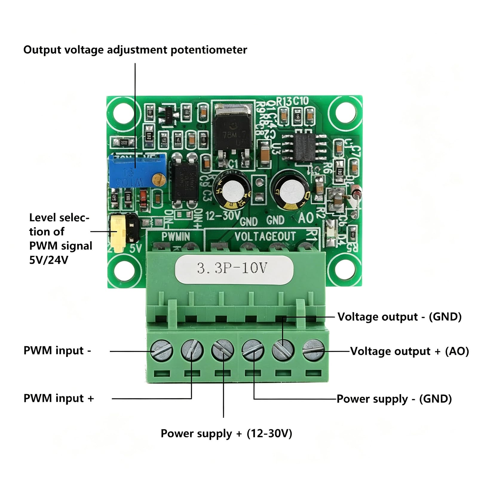 Convertitore da Segnale Pwm A Tensione, Tensione di Uscita Analogica 0-10V 0-100% 1-3Khz Ingresso Segnale Pwm, Modulo PLC Digitale-Analogico D/A, per Il Controllo Della Velocità Del Motore