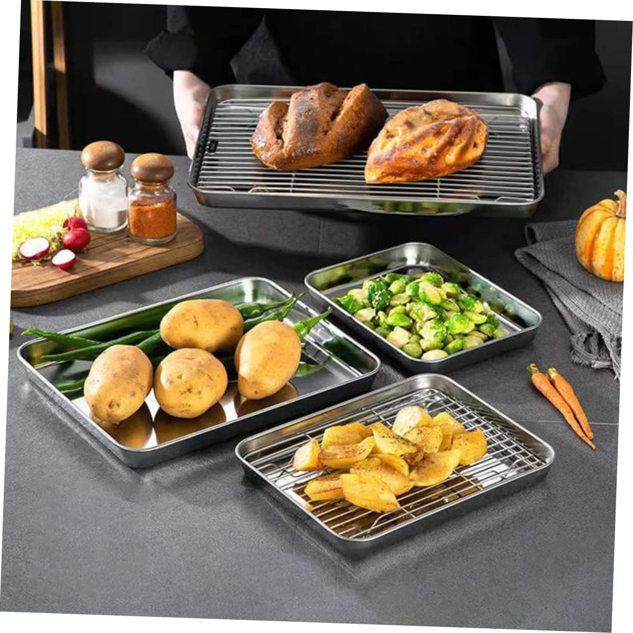 ABOOFAN 1set Baking Tray Set Household Baking Rack Stainless Steel Grill Reusable Camping Pan Non-stick for Cooling Cakes Biscuits