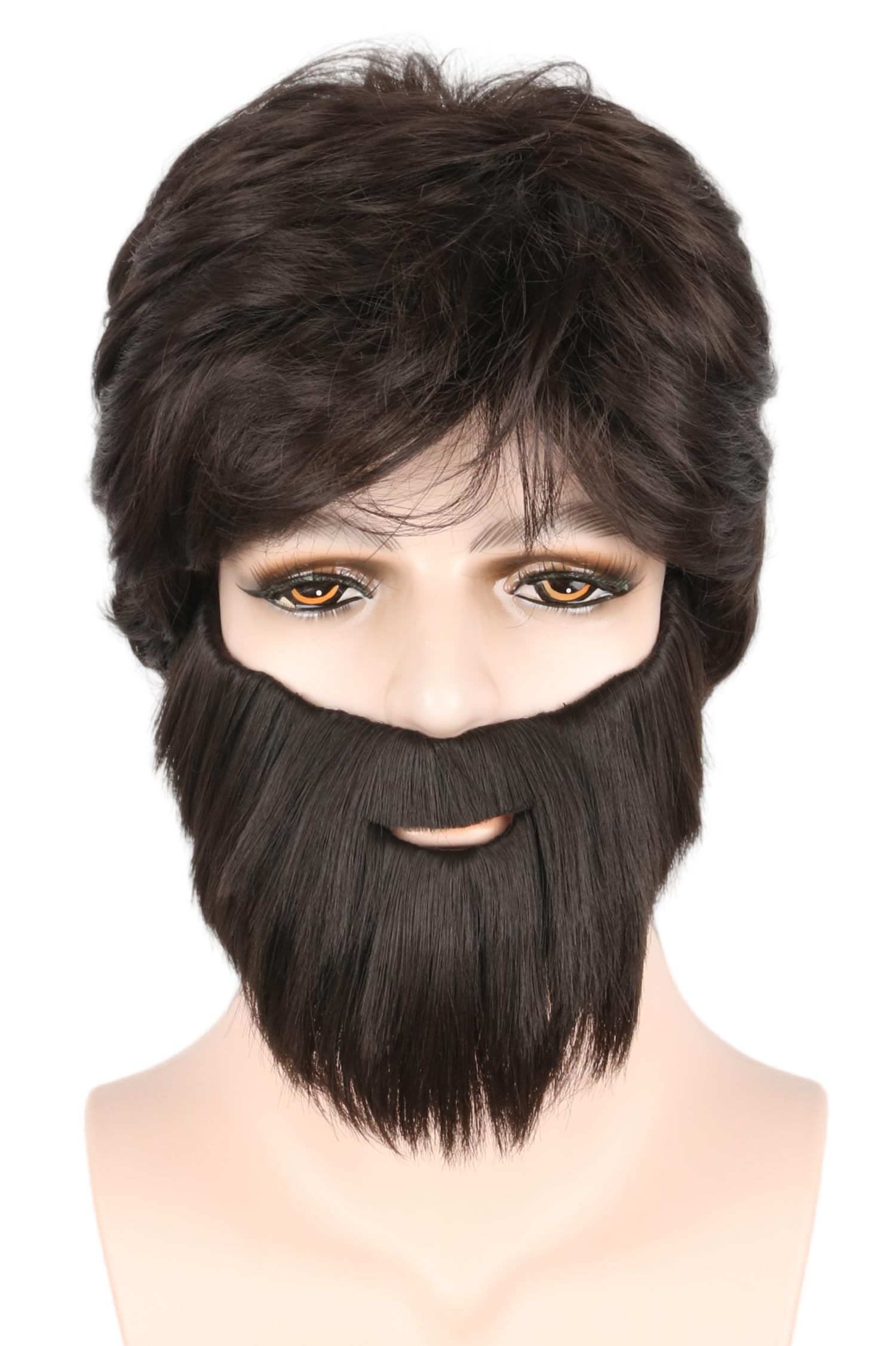 LeMarnia Mens Costume Wig and Beard Set 70s Brown Short Curly Bouffant Wig Halloween Costume Wigs, Brown-1