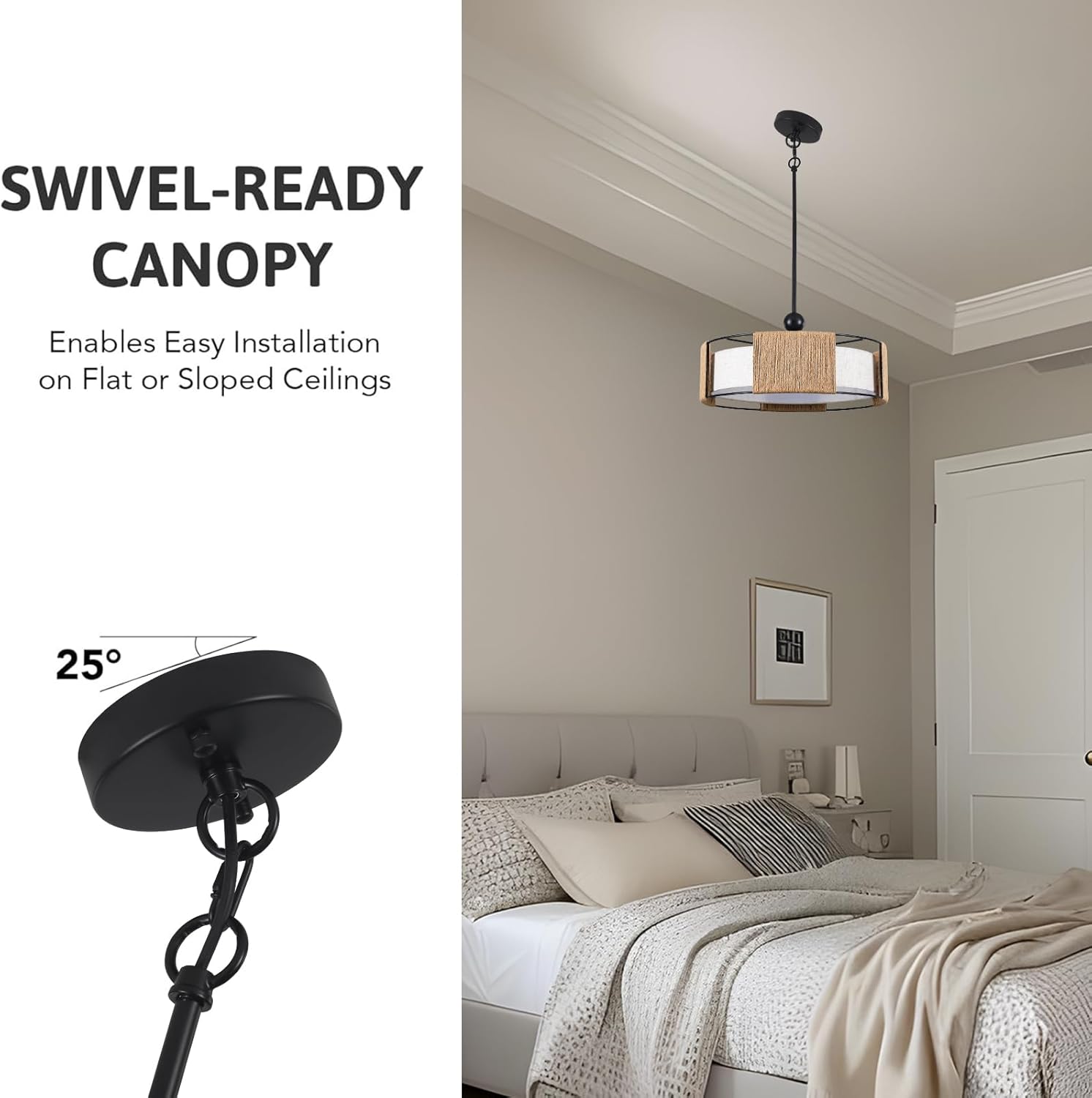 Boho Farmhouse Chandelier Light Fixture, 5-Light Adjustable Rattan Pendant Light, Hand-Woven Wicker with Linen Shade, Rustic Hanging Lighting for Dining Room Kitchen Island Bedroom Entryway