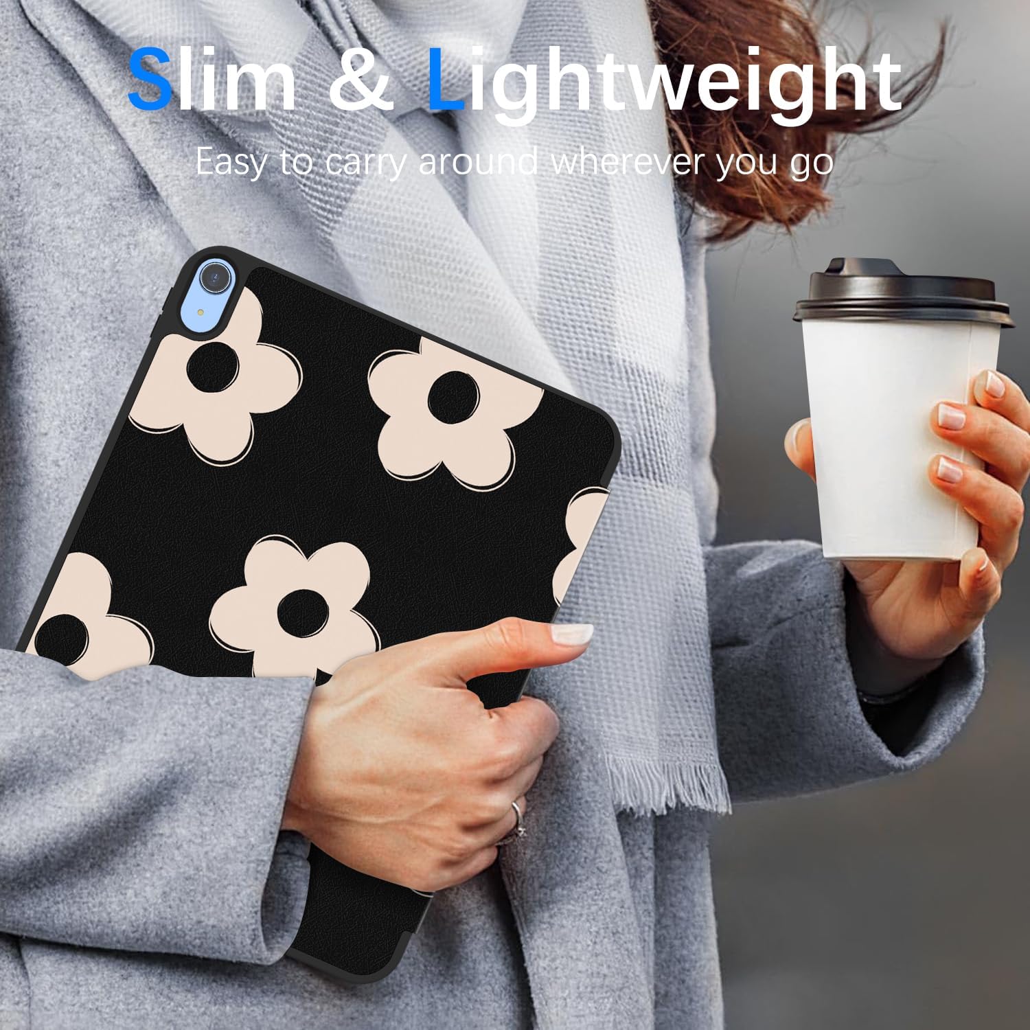 Case for iPad (A16) 11th Generation 11 Inch 2025, iPad 10th Generation 10.9 Inch 2022, Protective Case with Pencil Holder, Trifold Smart Stand Cover with Cute Pattern for Girls, Black Flowers - Image 7