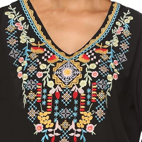 Miniatura 3 de AK Women's V Neck Casual Summer Blouse, Boho Embroidered Mexican Peasant Tops Short Sleeve Shirts Casual Blouse Loose Tunics