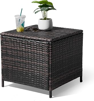 Outdoor PE Wicker Side Table with Storage, Patio Rattan End Table Square Container for Furniture Covers, Toys and Gardening Tools, Brown Square-27 Gallon