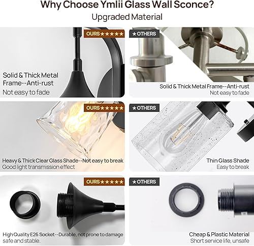 Miniatura 4 de Aplique de pared negro, moderno aplique de pared de baño con pantalla de vidrio transparente, accesorios de iluminación de tocador de granja para