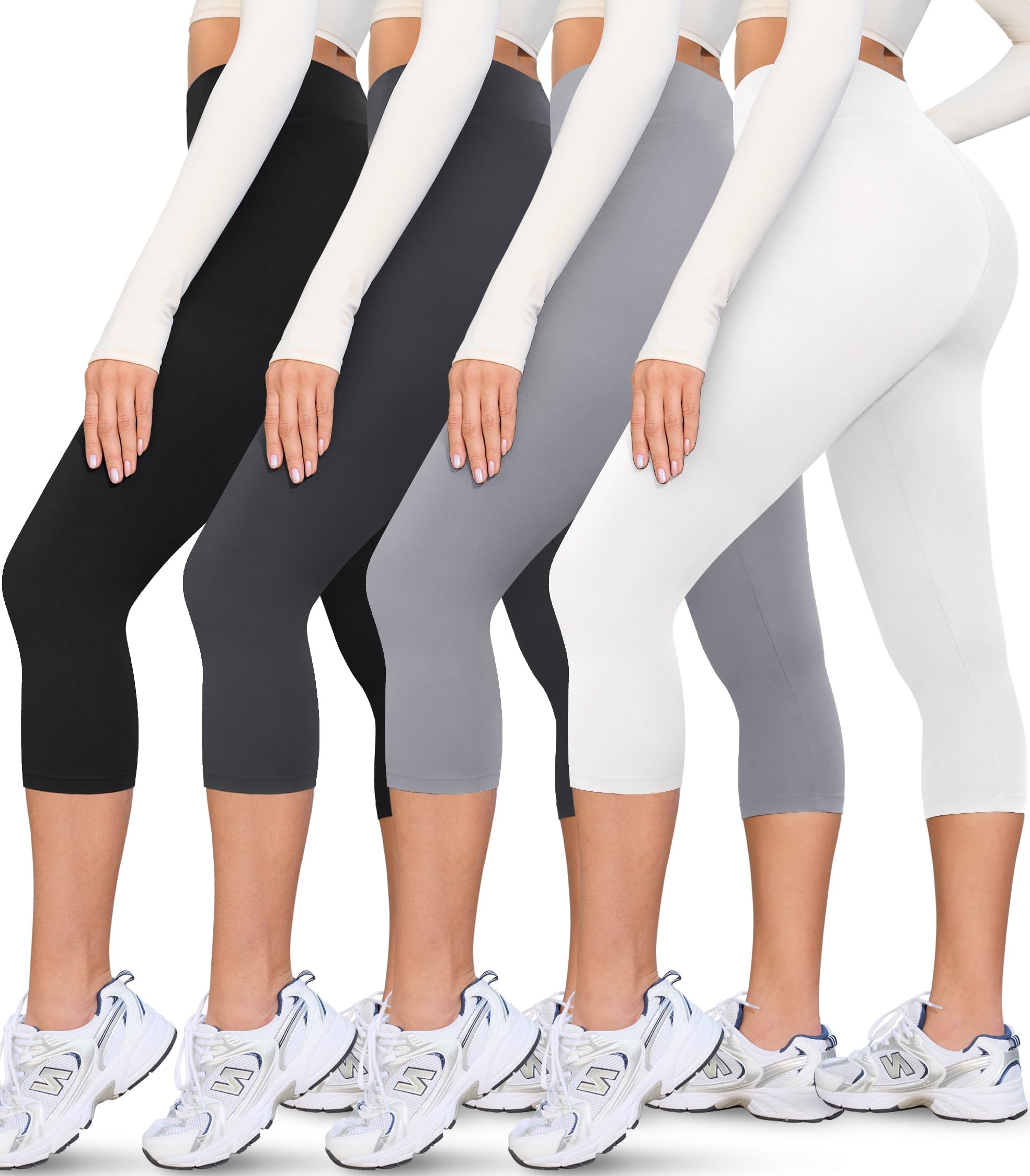 VALANDY Creamlush 4 Pack Capri Leggings for Women-High Waisted Stretchy Soft Yoga Lounge Pants(S-3XL) 4 Packs - Black/Dark Grey/Light Grey/White M-L