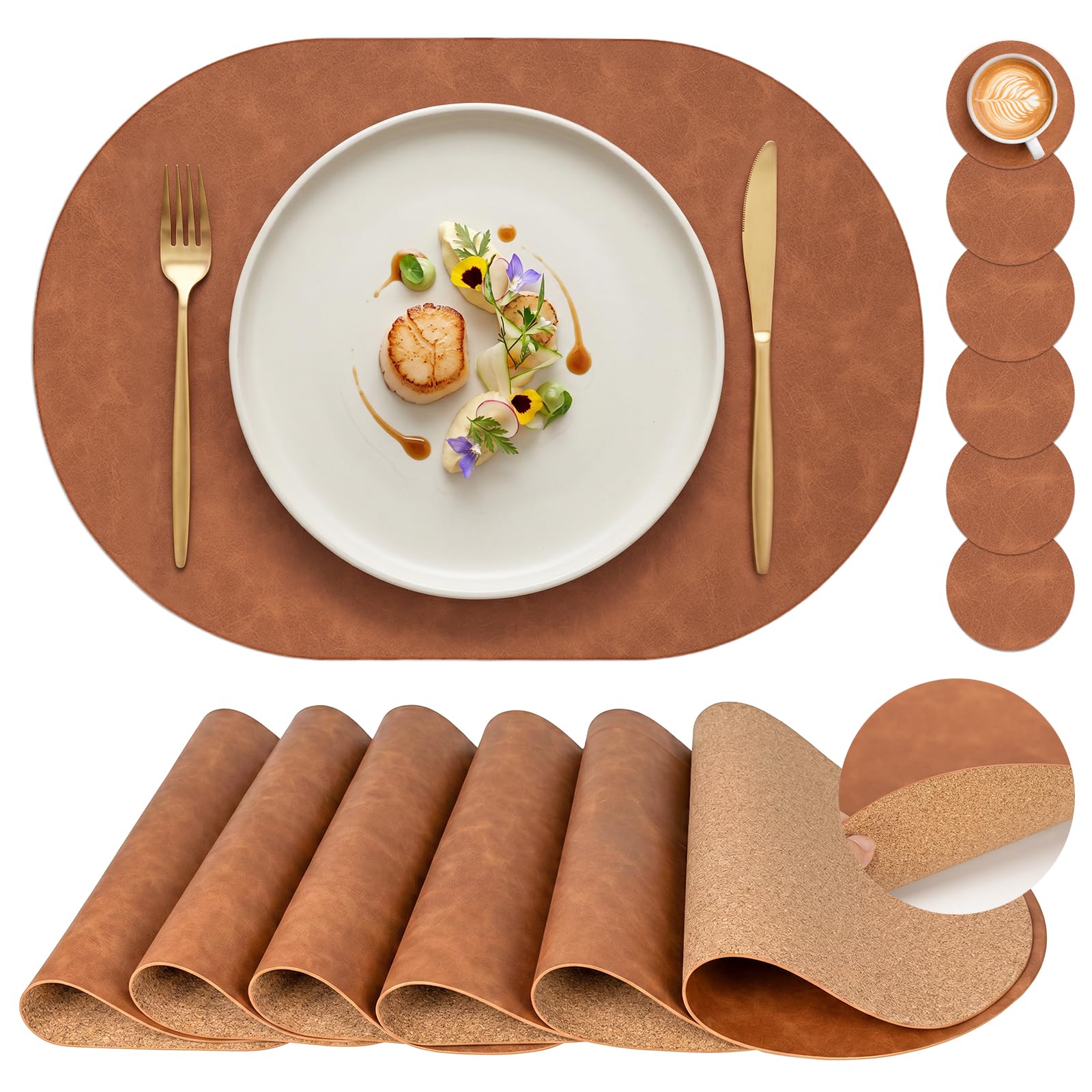 PROMATTOO Premium Oval Faux Leather Placemats with Coasters, Set of 4/6 Dining Table Mats, Cork-Effect Non-Slip Backing, Heat-Resistant Wipe-Clean Place Mats for Dinner, Coffee and Home Decor