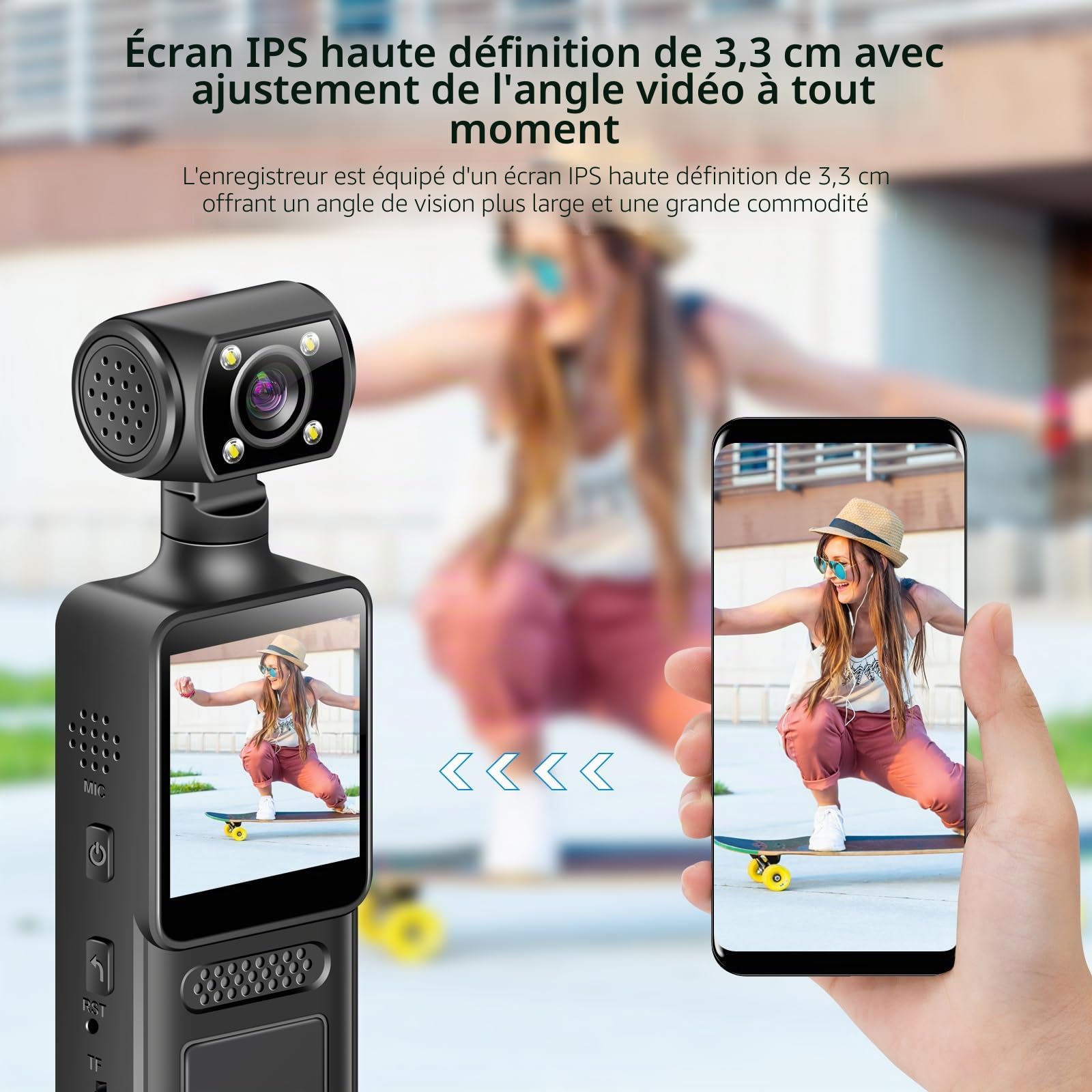 Mini Caméra d'action 4K 40MP, Caméscope de Poche avec Objectif Rotatif 180°, Écran 1.3", WiFi et Application, Caméra Vlog Portable pour Enregistrement Vidéo