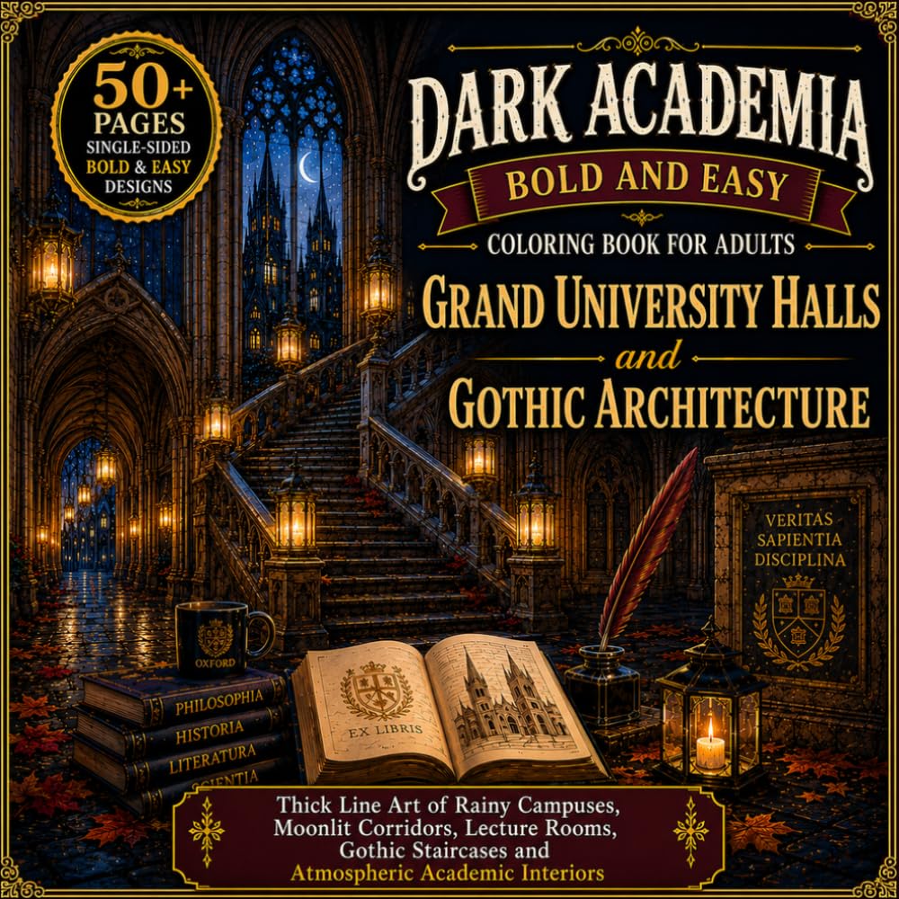 Dark Academia Bold and Easy Coloring Book for Adults - Grand University Halls and Gothic Architecture: Thick Line Art of Rainy Campuses, Moonlit ... Staircases and Atmospheric Academic Interiors