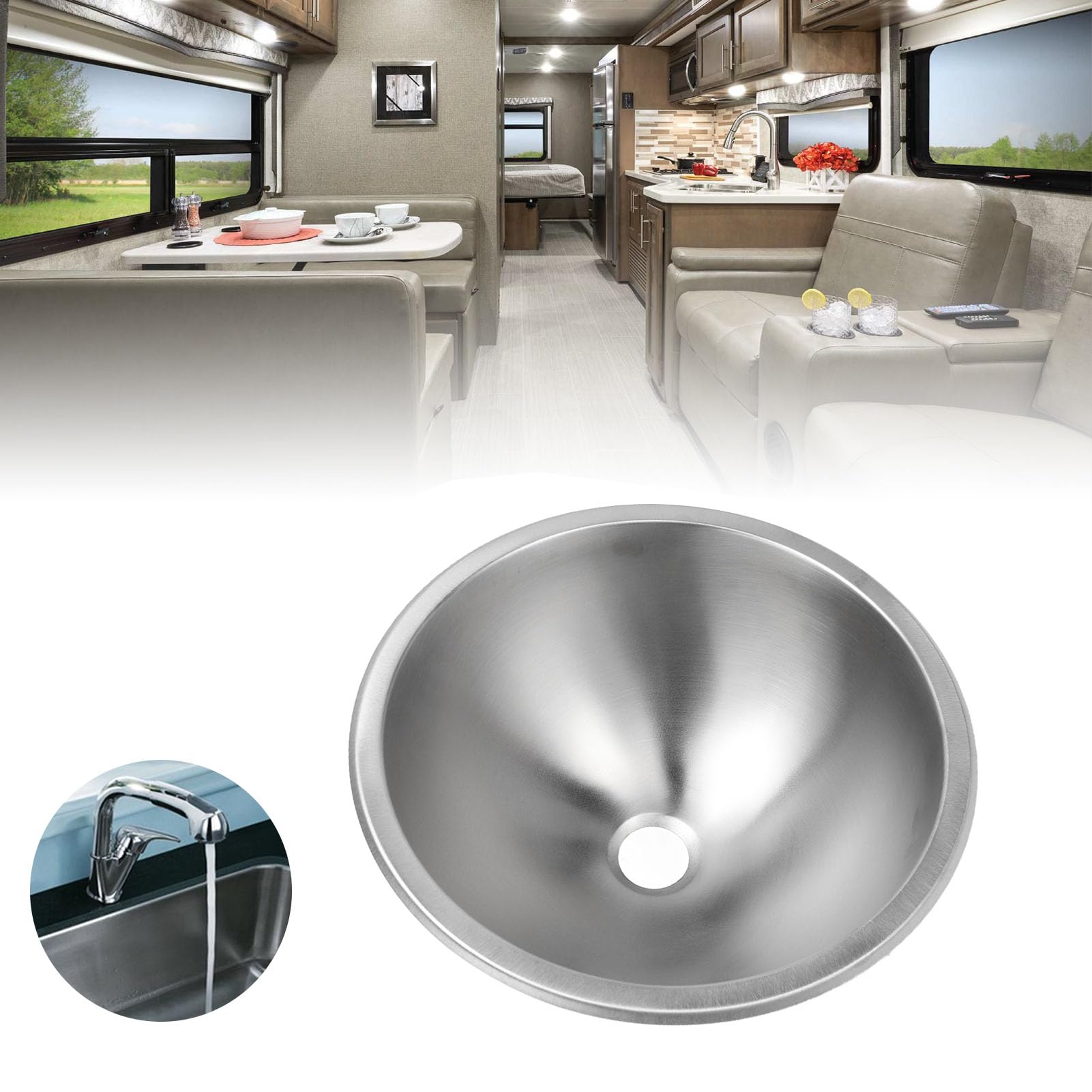 Lavabo Rond en Acier Inoxydable pour Camping-car, Lavabo de Salle de Bain à une Cuve, découpé avec Tuyau de Vidange de 40 Mm pour Camping-cars, Bateaux, Cuisines, Yachts,