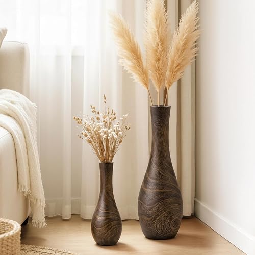 Floor Vase Home Decor, Tall Vases for Floor Set of 2 (22.2 in and 13.4in Combo Set), Wood Floor Vases Decorative Tall for Living Room, Dark