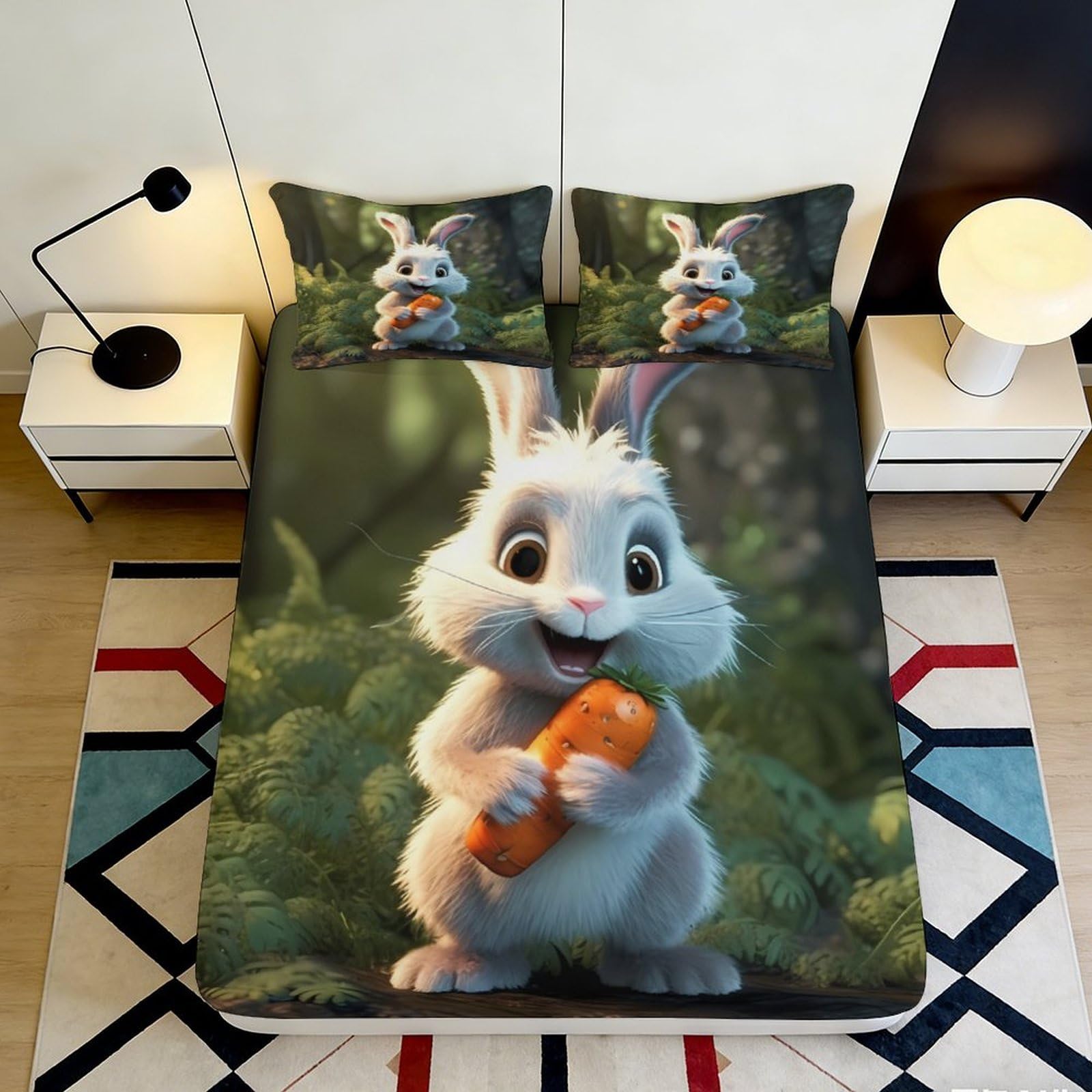3D Printed Cute Bunny Fitted Sheet Microfiber Soft Breathable Carrot Mattress Cover for Bedroom Dorm Decor 90x200x25cm
