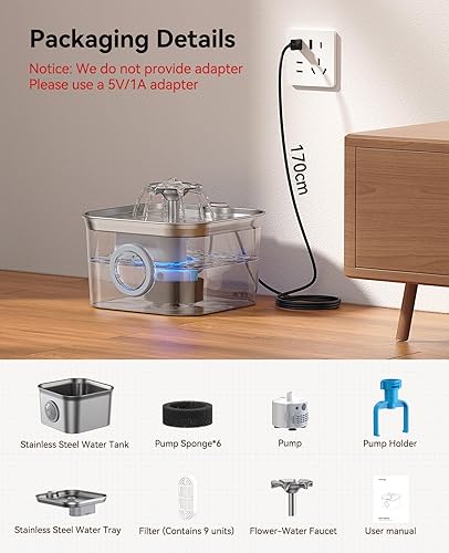 Miniatura 8 de Fuente de agua para gatos de acero inoxidable para beber con 3 filtros, fuente de bebida automática para mascotas de 2.8 L para gatos con bomba