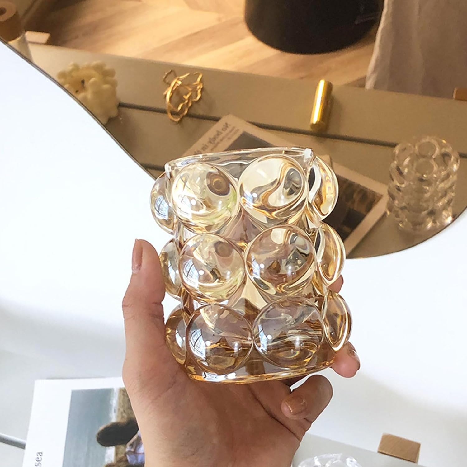 Bubble Glass Canister Candle Holder – Multipurpose Crystal Glass Holder for Jewelry, Pens, Makeup Brushes, Desk Organizer and Home Decor(Amber)