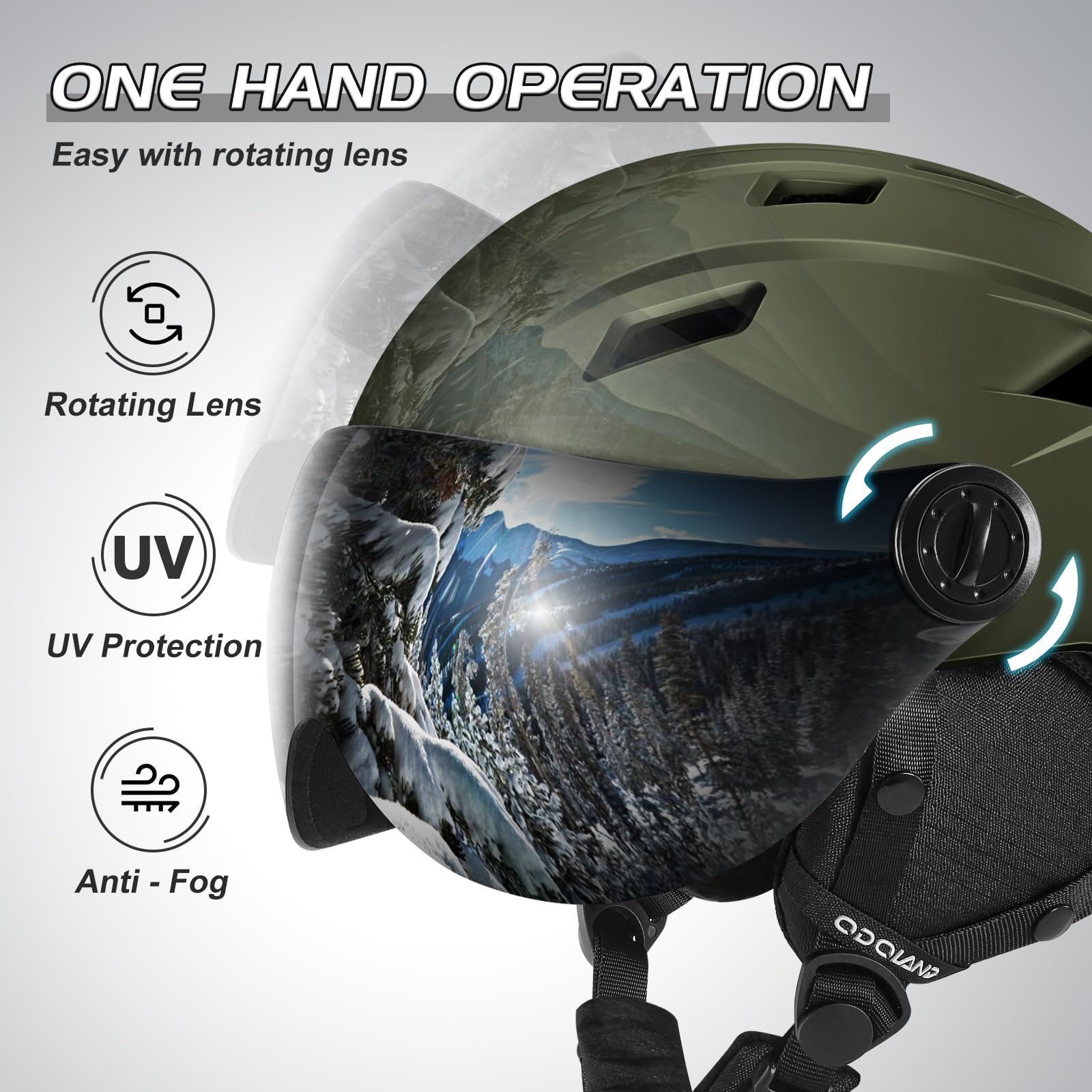 Odoland Casco da Sci Integrale con Visiera, Casco Sportivo per Uomo e Donne, Casco da Snowboard con Maschera UV 400 Proteczione e Antivento, Casco per Sport Invernali