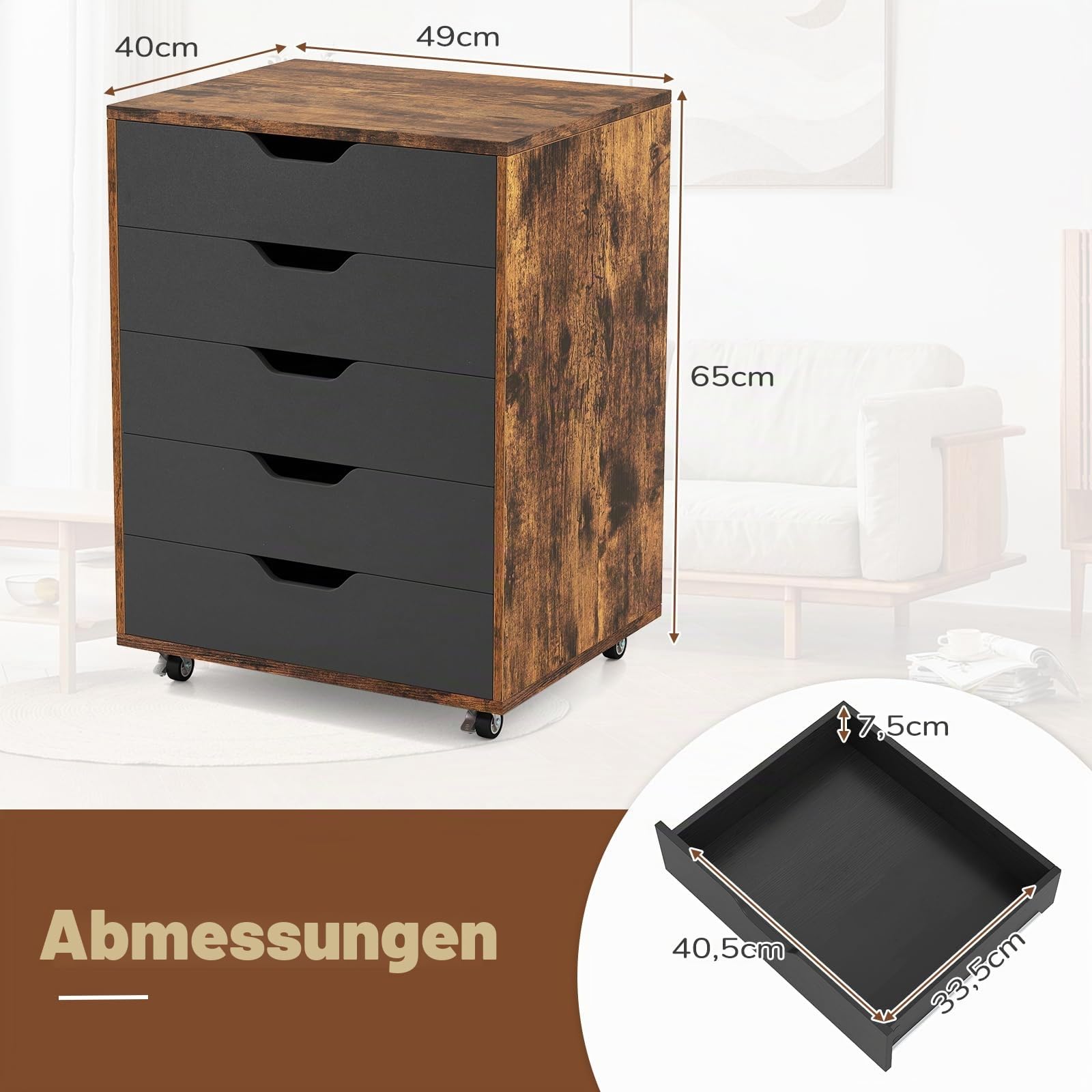 GIANTEX Aktenschrank auf Rollen, Rollcontainer mit Schubladen, mobiler Druckerständer für Home-Office & Büro, für Ordner, Dokumente, Papiere (Schwarz + Braun, 49 x 40 x 65 cm)