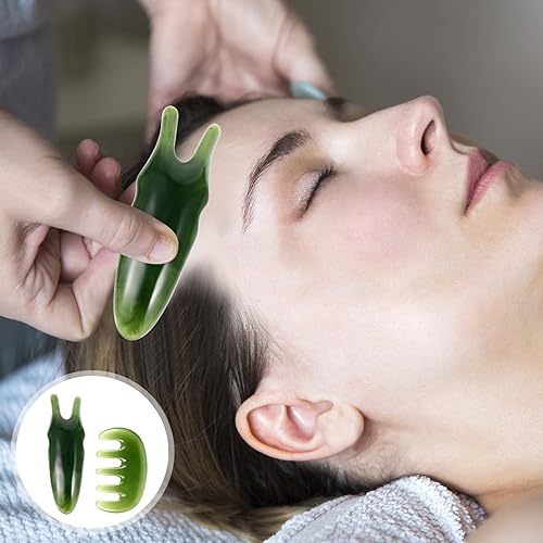 Miniatura 2 de Healifty Peine de masaje de piedra de jade 2 piezas, peine de cuero cabelludo Guasha, herramienta de masaje de raspado Gua Sha de mano para el
