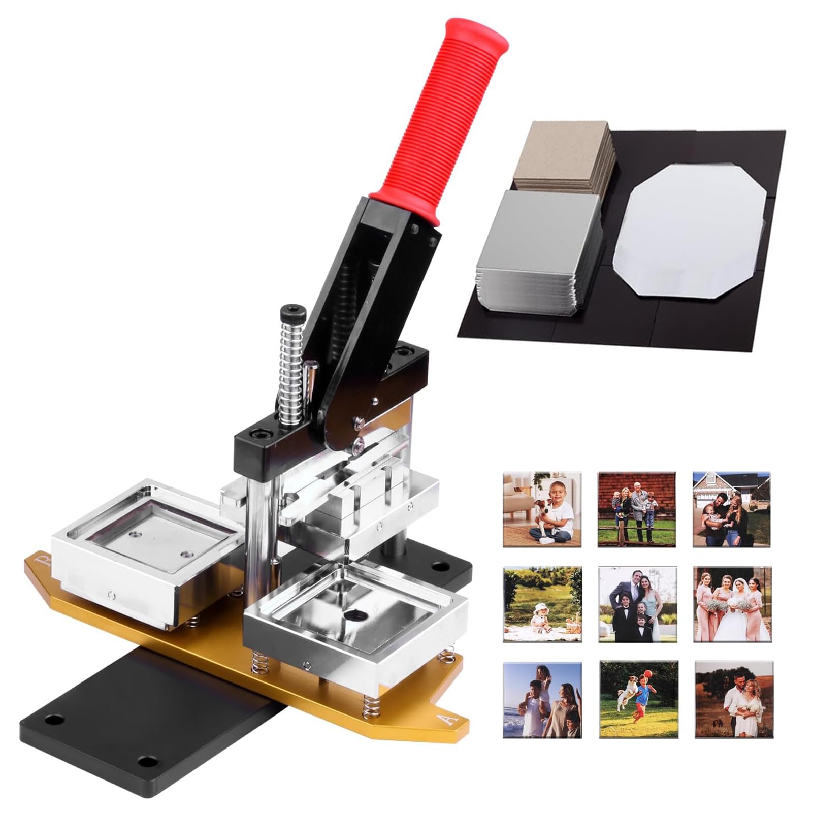 DIY Fridge Magnet Maker Machine, 2x2inch Square Badge Maker Photo Magnet Making Kit, Press Machine + Paper Cutter + 200 Sets Supplies Included