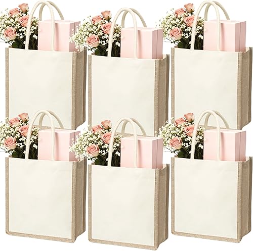 SOUJOY 6 Pack Burlap Tote Bags, Reusable Jute Gift Tote with Handles, Small Beach Bags, Canvas Grocery Shopping Tote for Bridesmaid, DIY, Shopping,