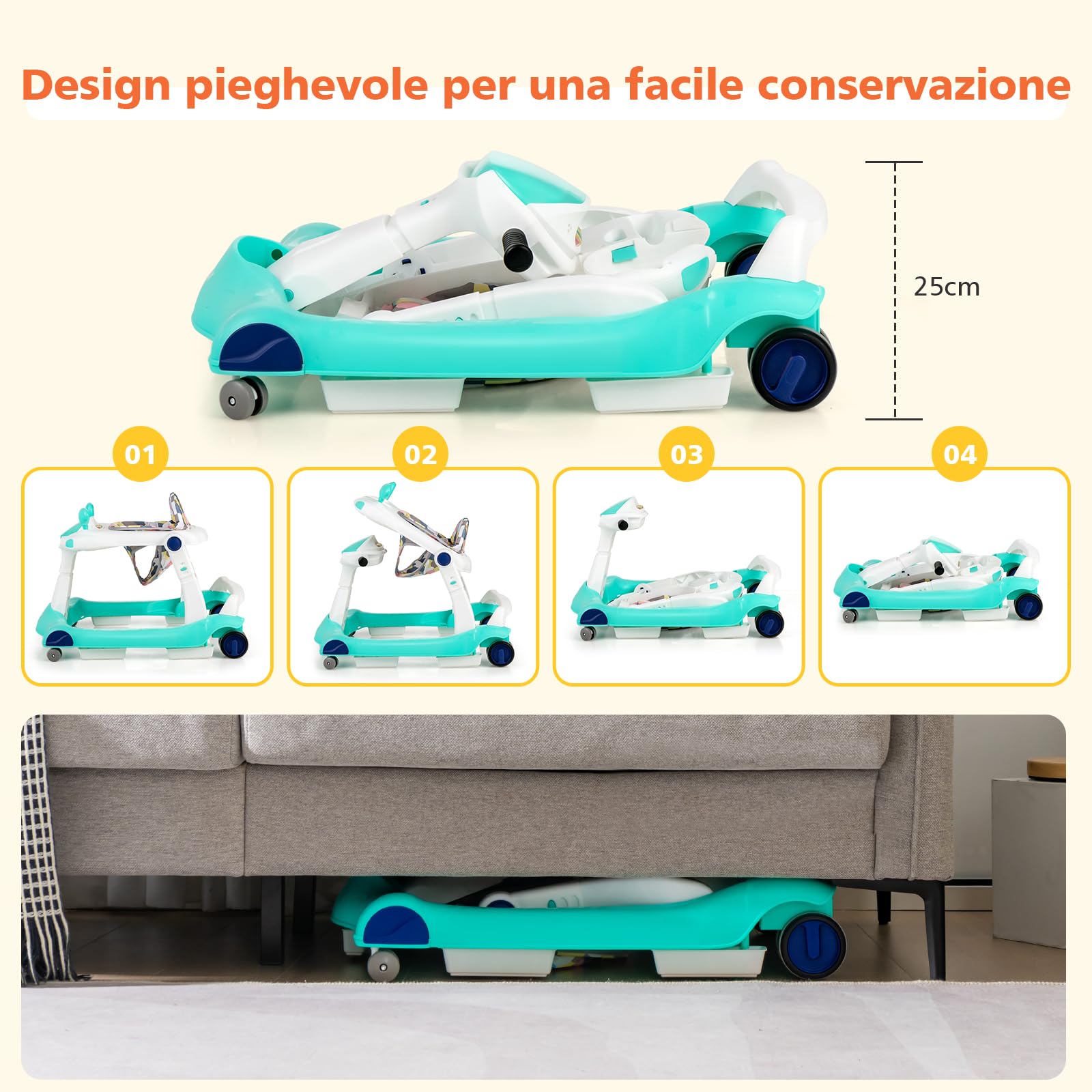 RELAX4LIFE 2 in 1 Girello Neonato 6-18 Mesi, Primi Passi Pieghevole per Bambini con Altezza e Velocità Regolabili, Musica e Luce, Cuscino Rimovibile e Lavabile, Fino a 15 KG (BLU)