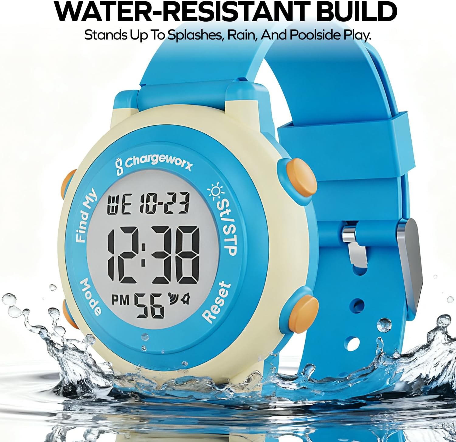 CHARGEWORX Kids Digital Watch with water splashing around it