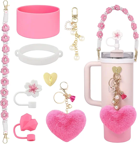 VIQWYIC Water Bottle Accessories Set for Stanley Cup 30oz & 40oz Tumblers Includes Handle Strap, Silicone Boot, Straw Cover Cap, and Pearl Keychain Charms