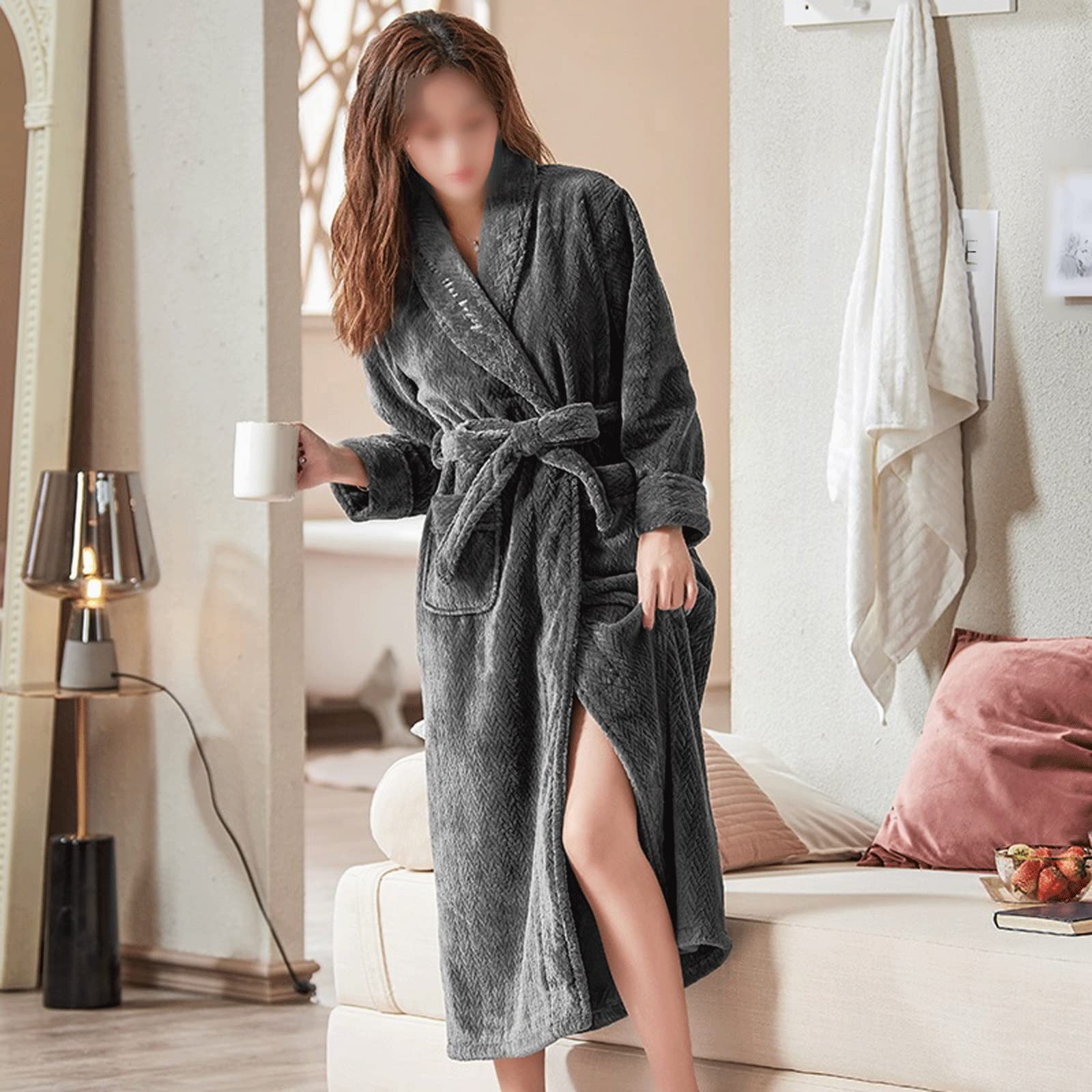 Szlafrok damski z grubego polaru koralowego Długi szlafrok z polaru Zima i jesień Plus rozmiar 3XL Ciepły szlafrok damski frotte Kimono damskie (gr. XL)
