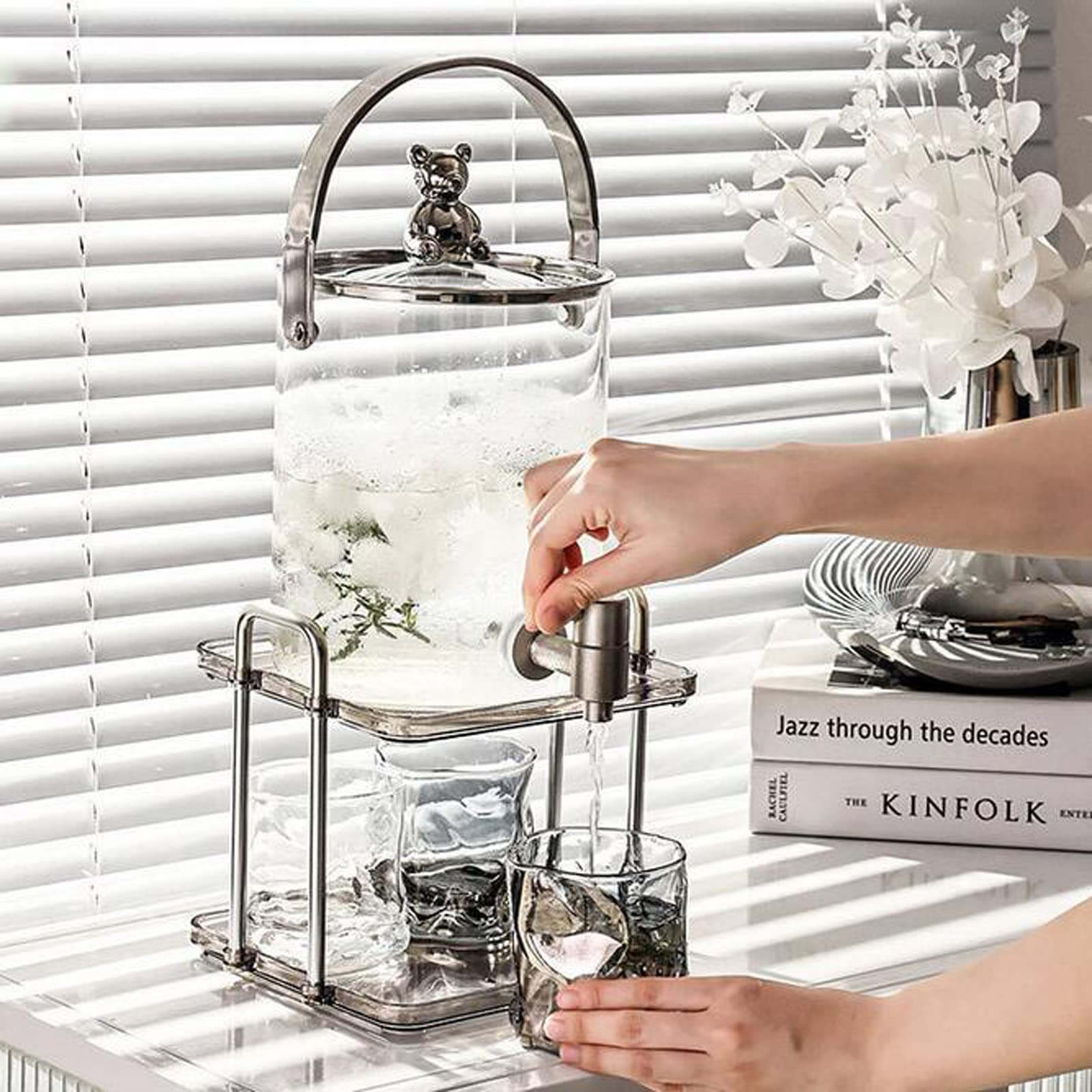 Dispensador de Bebidas de Cristal de 3 litros Dispensador de Agua Dispensador de Bebidas de Vidrio al Aire Libre, Jarra de Vidrio con Grifo Dispensador de Bebidas Refrigerador,Plata