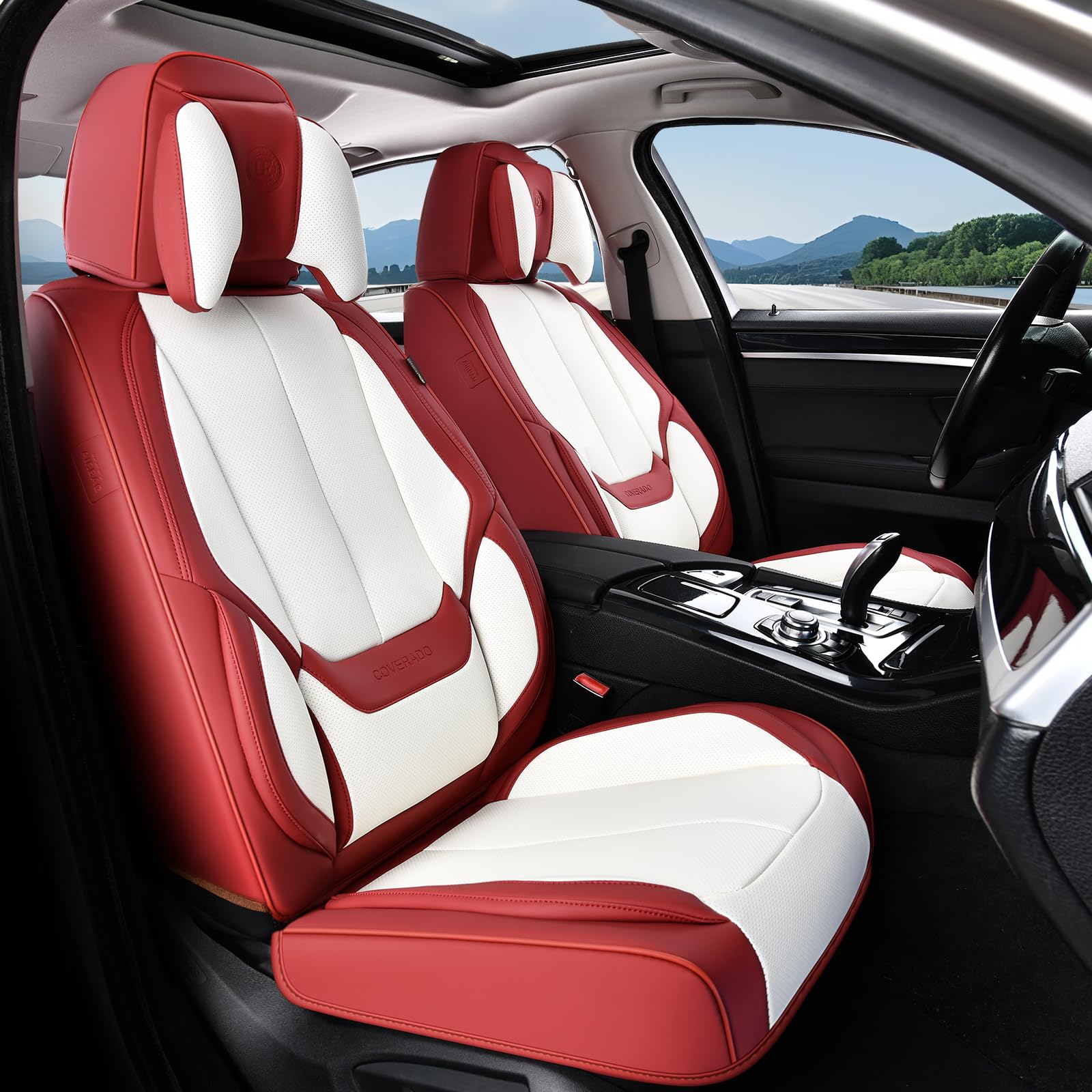 Coverado Seat Covers, Car Seat Covers Front Seats, Car Seat Cover, Car Seat Protector Waterproof, Seat Cushion Nappa Leather with Head Pillow, Carseat Cover Universal Fit for Most Cars (Red&amp;White)