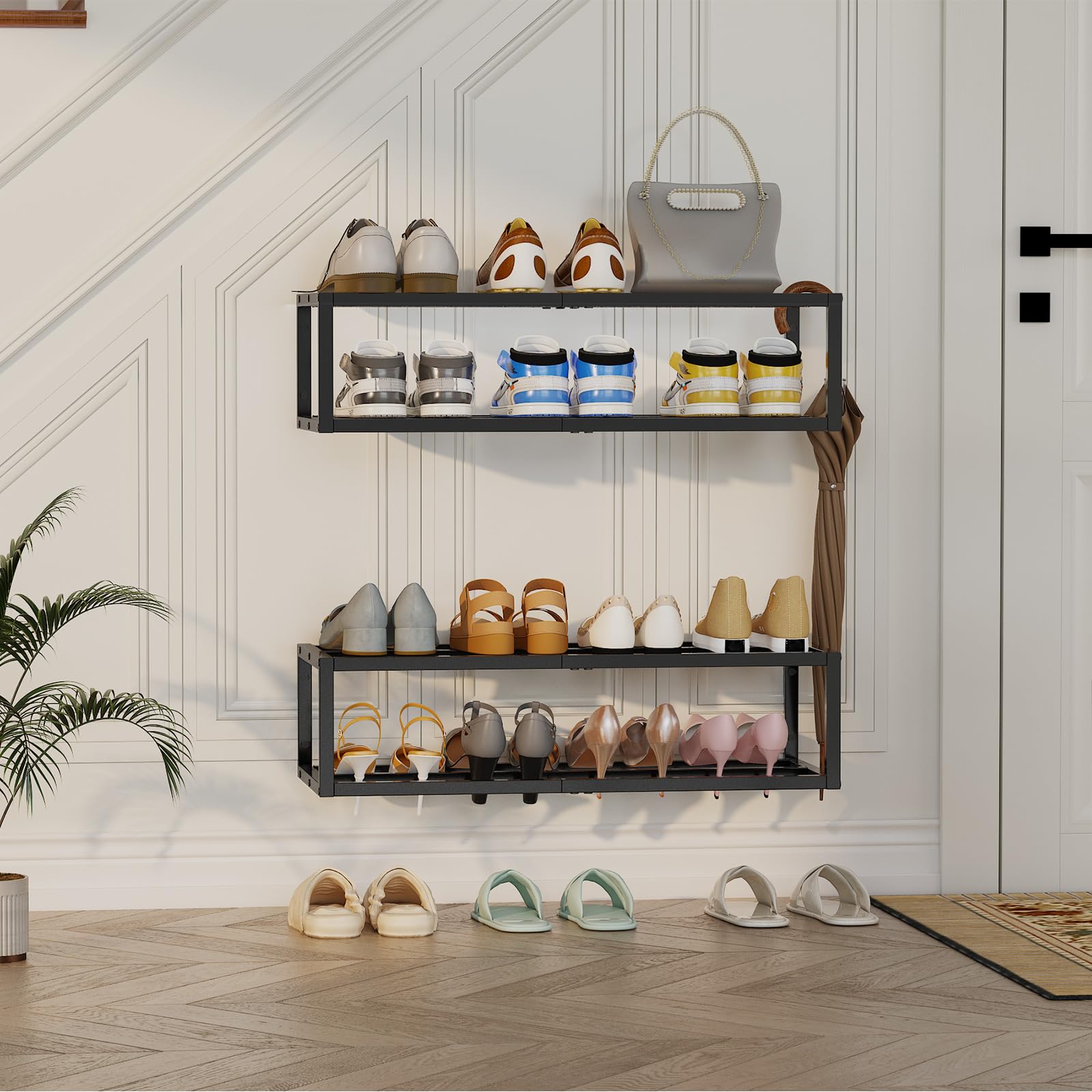 HOOBRO Scaffali da Parete per Scarpe, Set di 2 Porta Scarpe a Muro in Metallo, Compatto, per 12-16 Paia, Scarpiera da Parete per Ingresso, Armadio, Piccoli Spazi, Nero EBK44XJP201