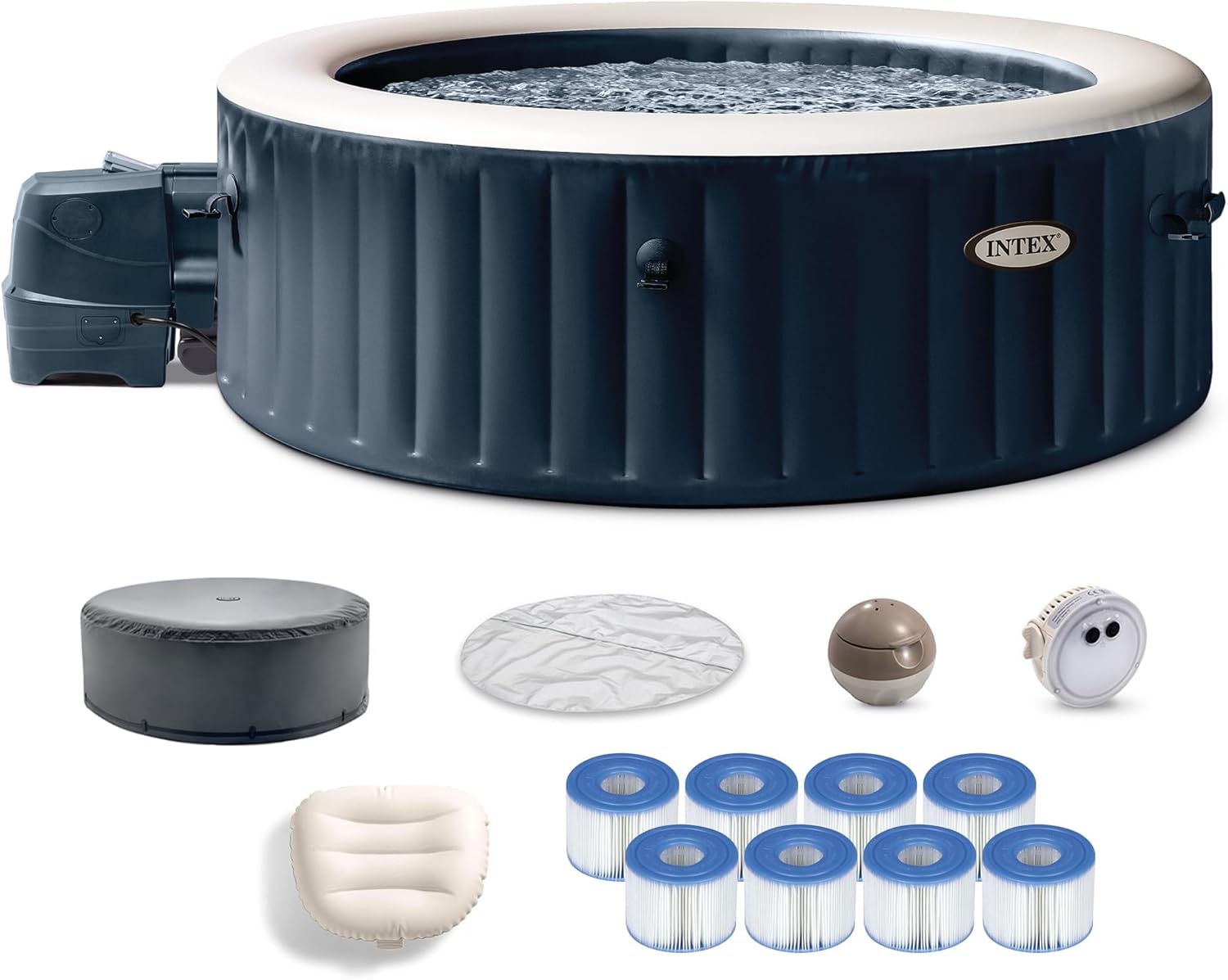 INTEX PureSpa Plus 4 Person Portable Inflatable 77" Round Outdoor Bubble Jet Spa Hot Tub with 8 Type S1 Easy Set Spa Filter Replacement Cartridges