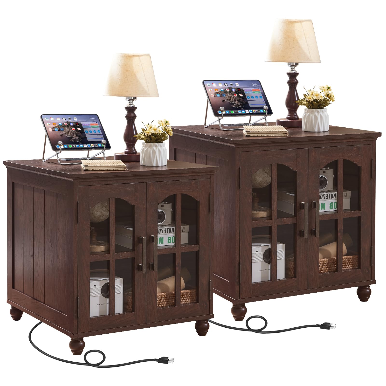 Farmhouse 24 End Table Set of 2 with Charging Station Large Sofa Side Table with Glass Barn Door
