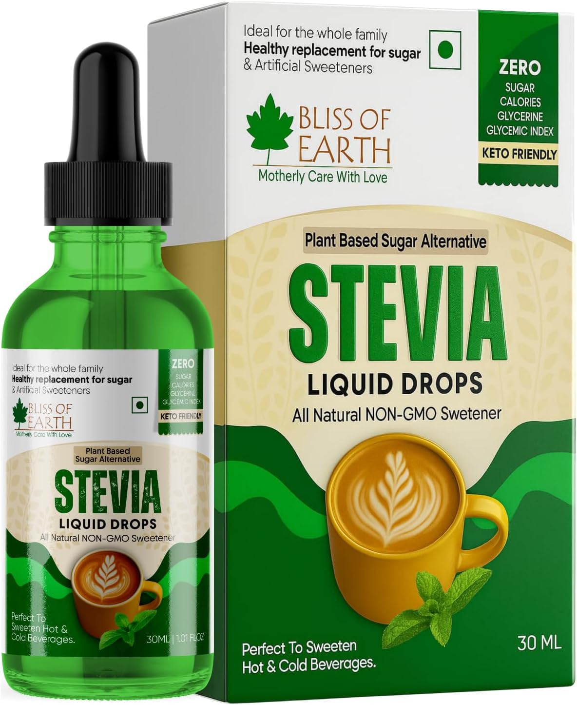Bliss of Earth Pure Stevia Sweetener Liquid Drops, Natural Sugarfree Diet Sugar For Diabetics & Keto Diet, Glycerine Free & Zero Glycemic Index, 30ml