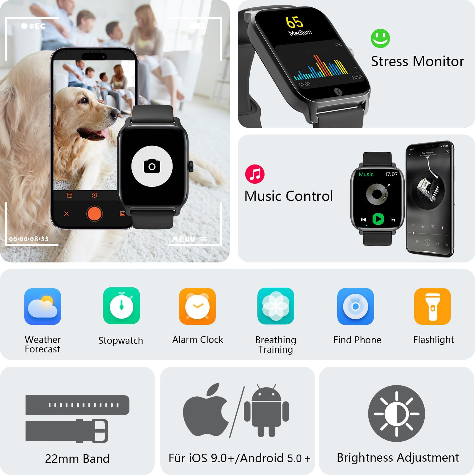 Smart Watch per uomini, donne e bambini, smartwatch da 2 pollici con frequenza cardiaca, ossigeno, pressione sanguigna, ECG e monitoraggio del sonno. Questo Smart Watch è compatibile con iOS 9.0 e
