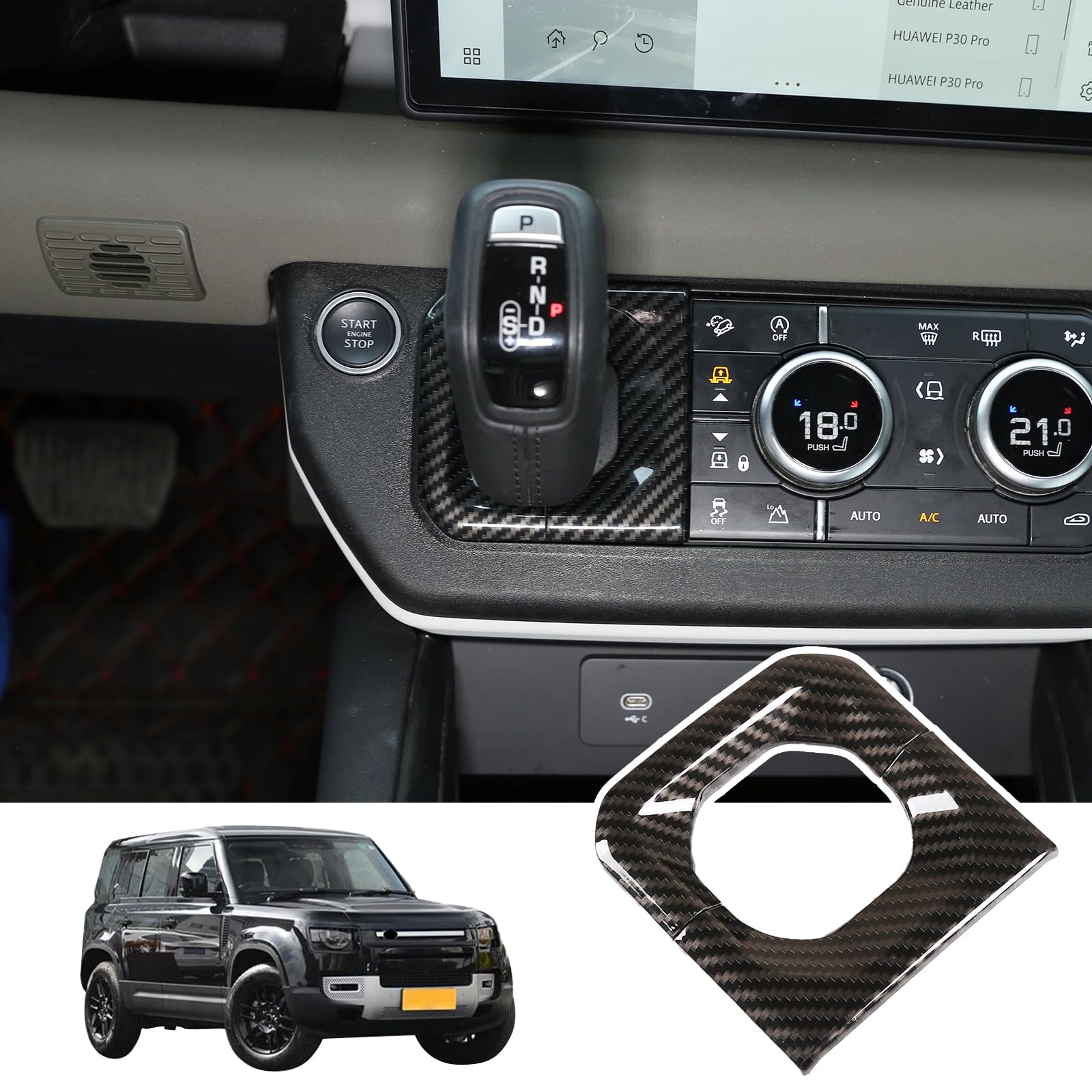 BekantogyCar Gear Shift Panel Frame Trim Center Console Shift Knob Trim Compatible for Land Rover Defender 90 110 130 2020-2023 Console Gear Shifter Frame Decor Accessories ABS(Carbon Fiber Pattern)