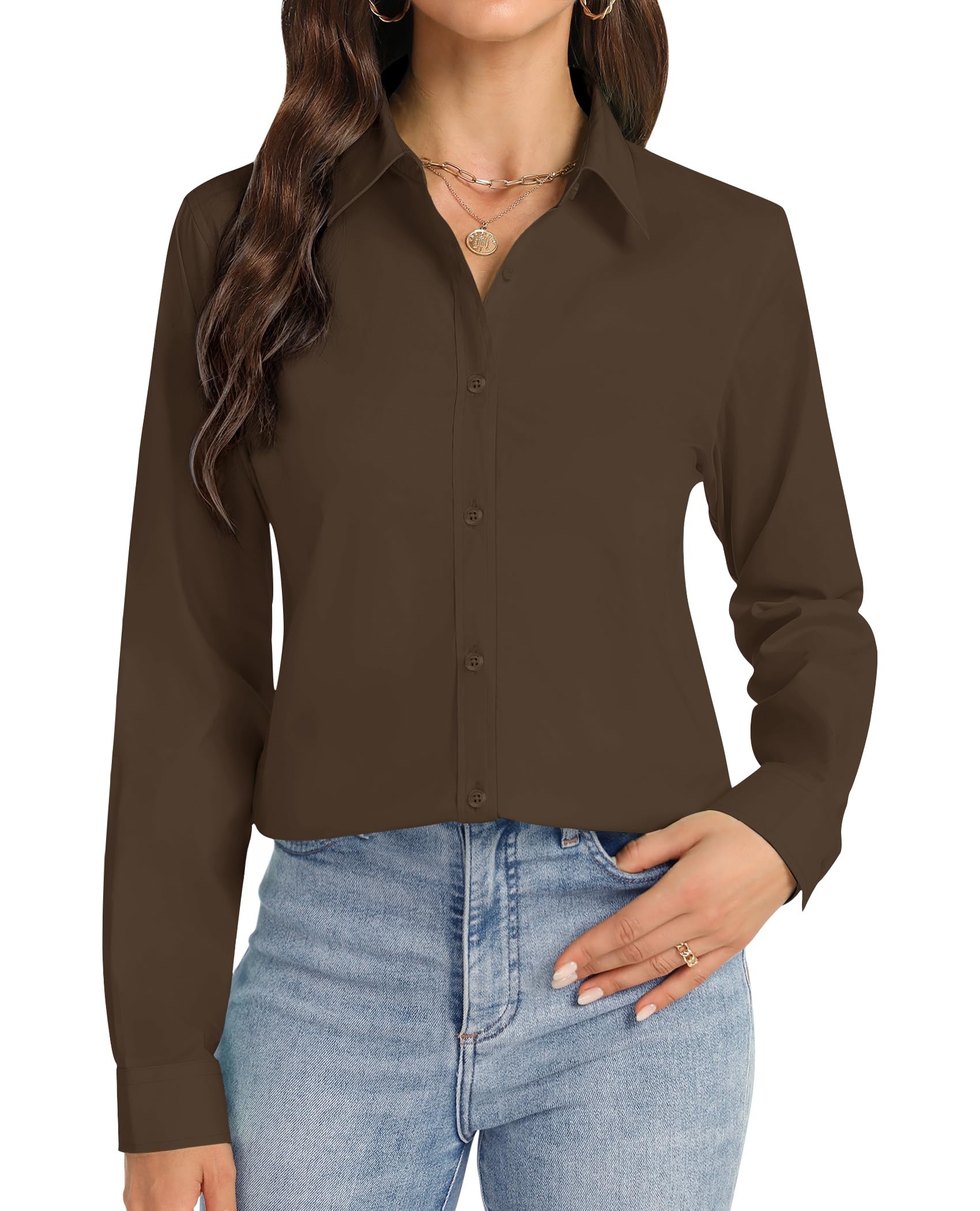 J.VER Button Down Shirts for Women Stretch Collared Cotton Long Sleeve Dress Shirt Business Casual Blouse for Work, Coffee Brown, XL