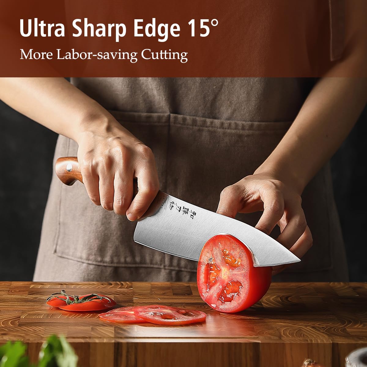HEZHEN Pro Chefs Knives 8.3 Inch,High Carbon German 1.4116 Steel,Stainless Steel Rivets with Red Wood Handle，Razor Sharp,Super Edge,with Woodern Knife Sheath — Amazon image 4