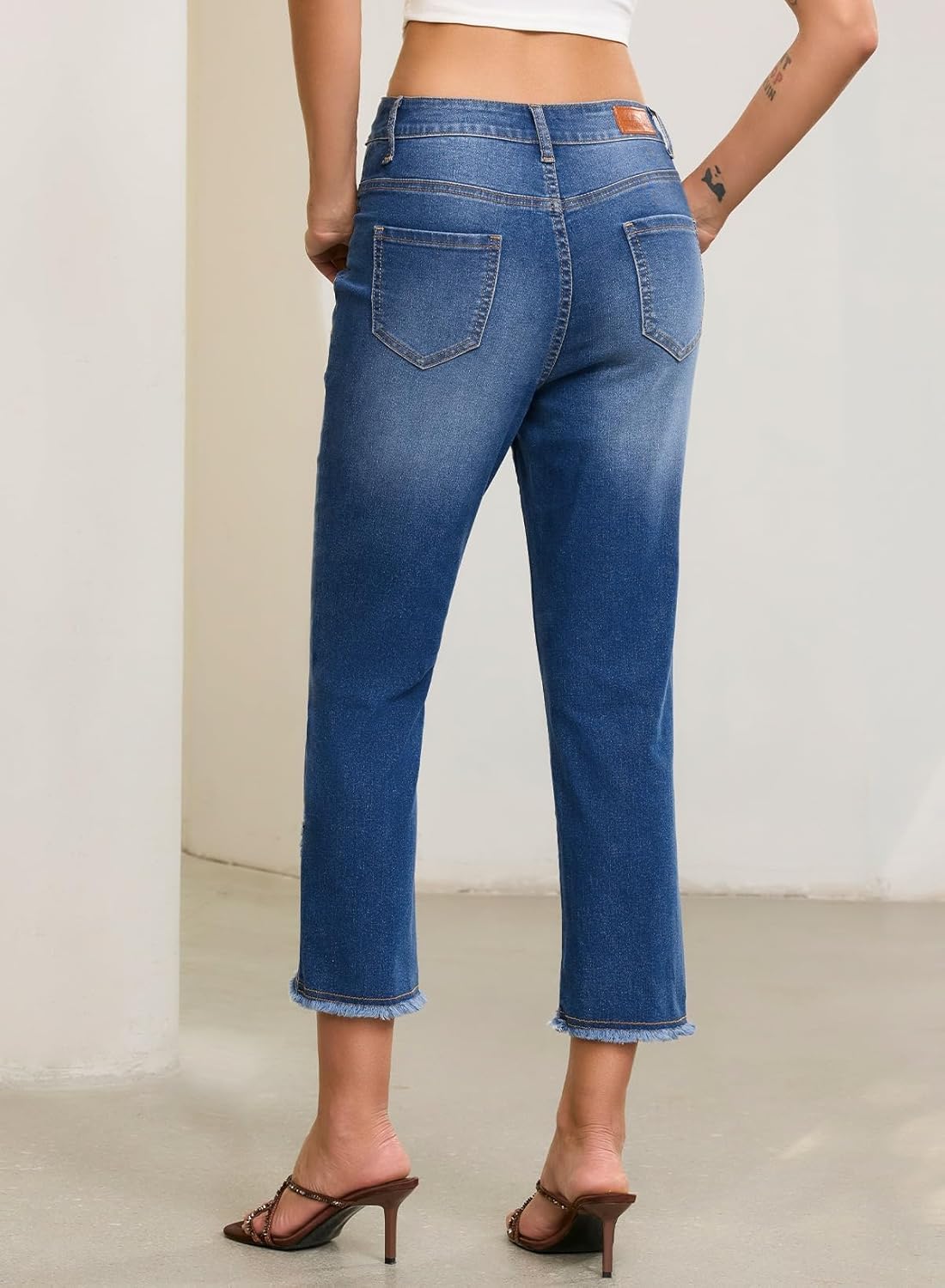 Sidefeel Women's Jeans High Waisted Stretchy Cropped Skinny Jeans Trendy Cross Raw Hem Summer Capri Pants with Pockets