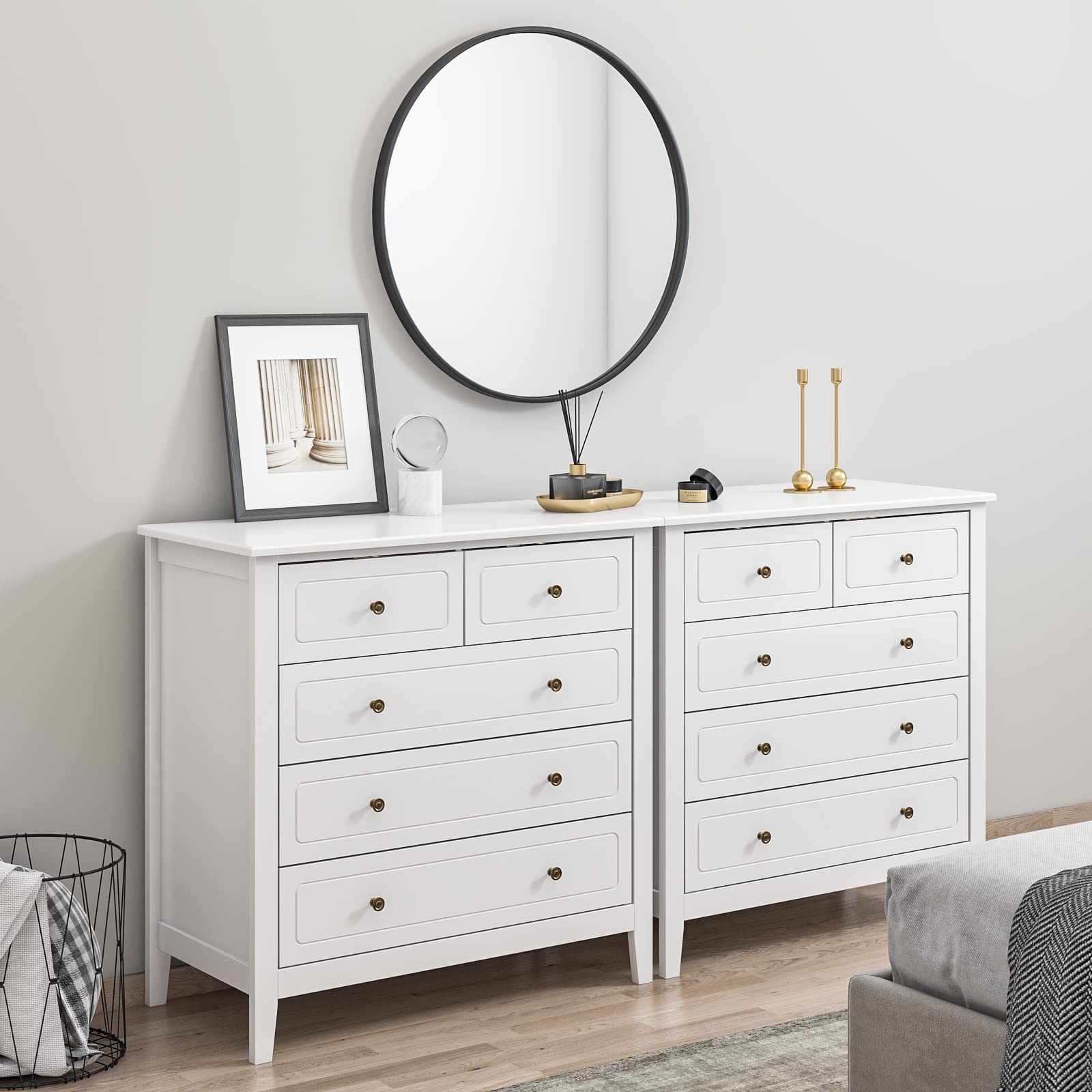 FOREHILL Kommode weiß, Kommode mit 5 Schubladen, Sideboard Komodenschrank für Schlafzimmer Wohnzimmer Flur, 80x40x80cm