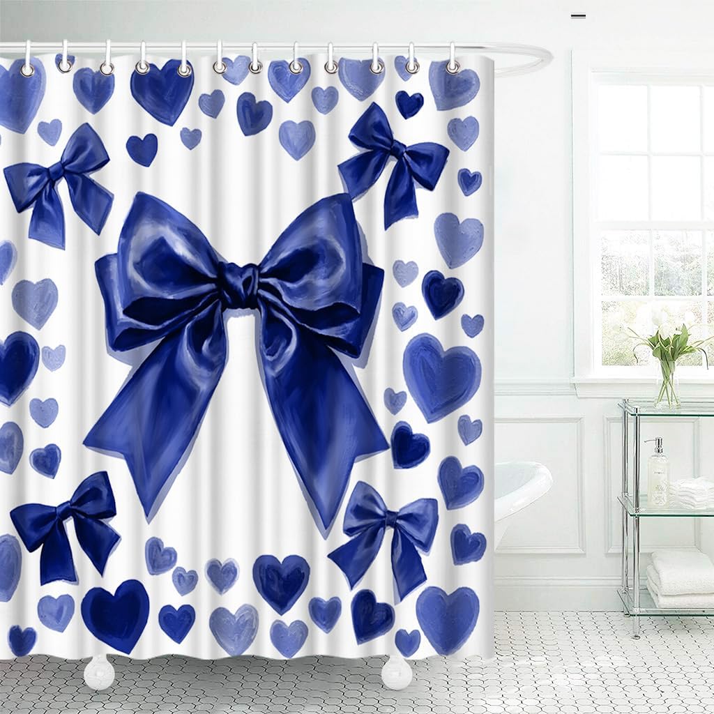 Bow Shower Curtains Romantic Bathroom Decor Navy Blue Bath Curtain 72"x72" with 12Pcs Hooks (Navy)