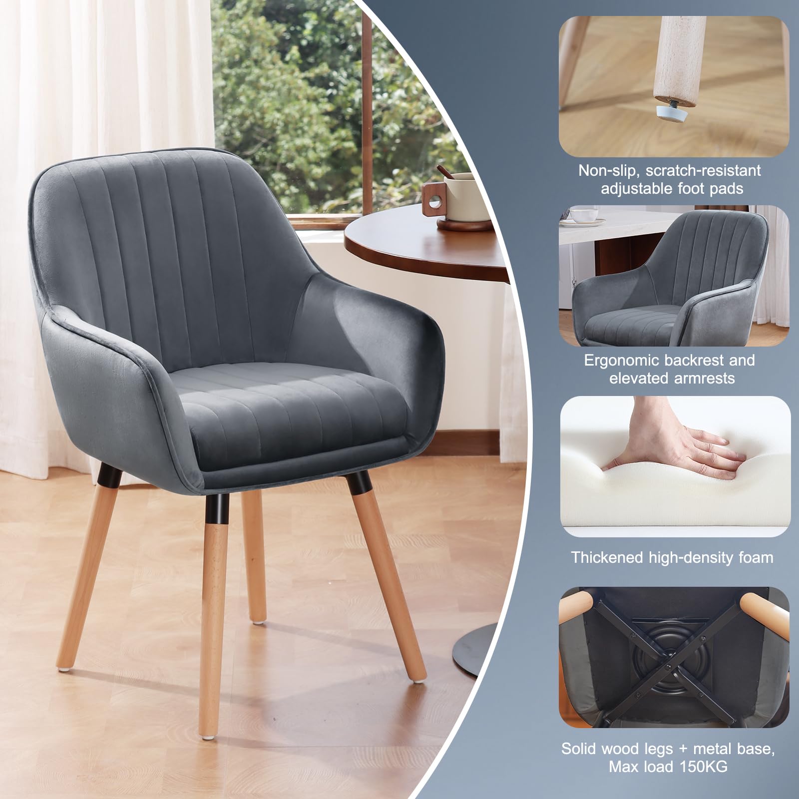 ELUCHANG Esszimmerstühle 2er Set, 360° Drehbar, 12cm Dicke Polsterung Stuhl mit Hohen Armlehnen, Grau Samt, bis 150 kg Belastbar, für Schlafzimmer Küche Wohnzimmer