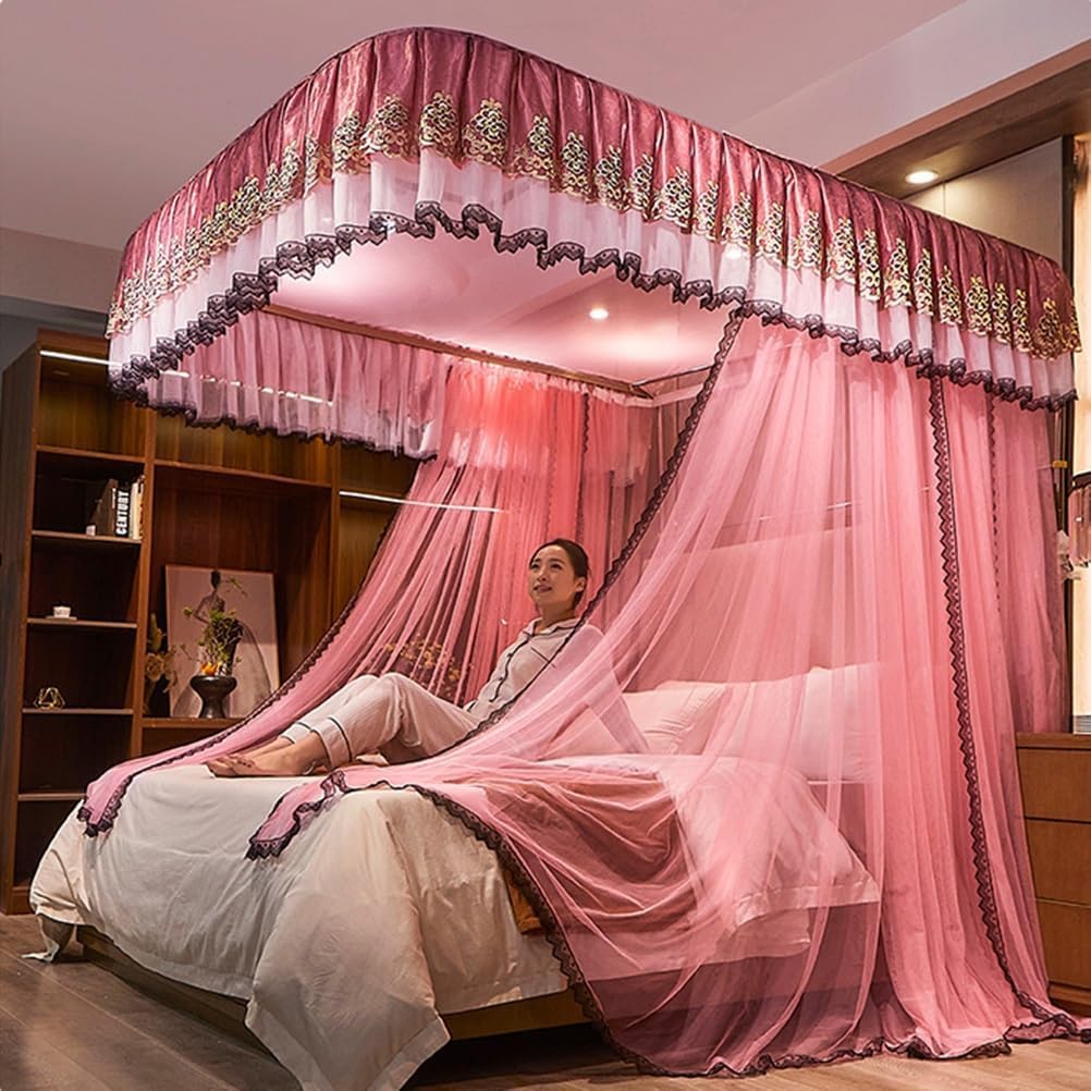 European Court Bed Canopy Mosquito Net for Single and Double Beds with Metal Bracket (Colour: Blue-1, Size: 150X200CM) (Color : Pink-1, Size : 180X200CM)