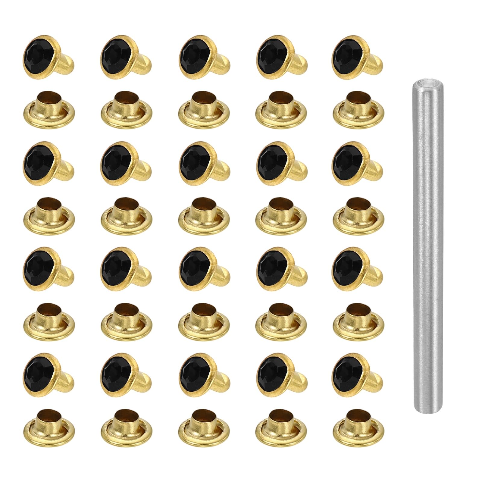 sourcing map 100pcs Crystal Rivets 6mm Rhinestone Rapid Stud Rivets with Steel Installation Tool for Clothing Leather Fabric Arts Decoration Leathercraft DIY, Gold Black โ image 1