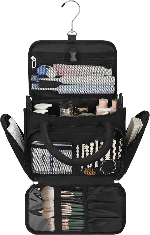 Necessaire de maquiagem WGEAR com compartimento para pincéis, gancho e divisórias removíveis, 02-Black