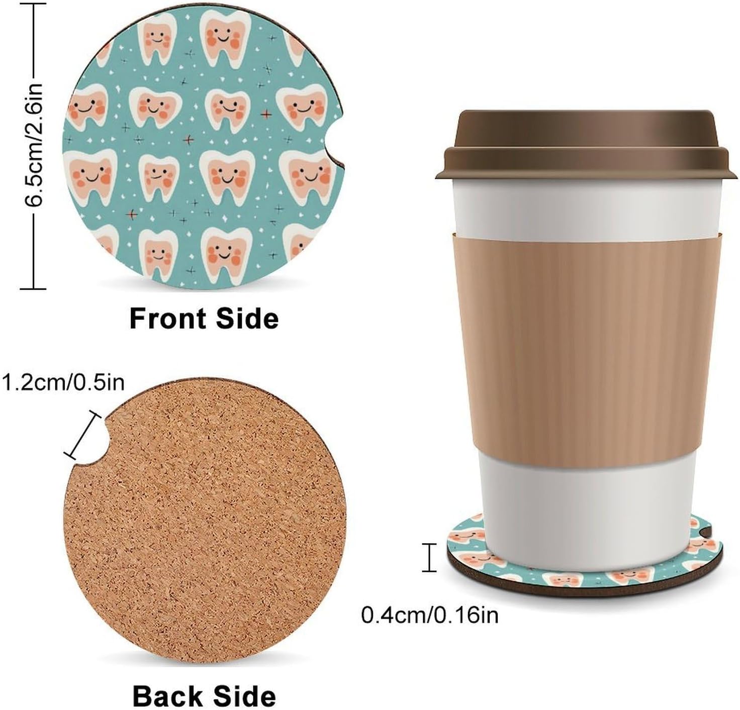 Cute Dental Dentist Pattern Cute Car Coasters 2.56 Inch Absorbent Cup Holder for Drinks Auto Interior Accessories