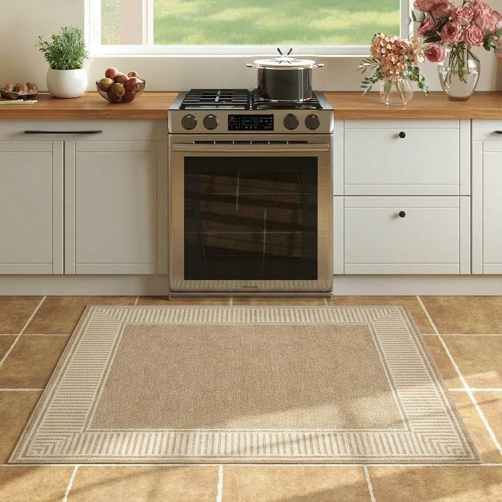 Washable 2x3 Entryway Area Rug Non Slip Small Door Mat Modern Solid Color Living Room Bedroom Small Rugs Bordered Mat for Bathroom Kitchen Nursery, Khaki