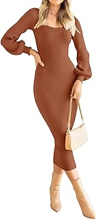 Women's 2025 Square Neck Ribbed Knit Dress Puff Long Sleeve Slim Fit Bod...